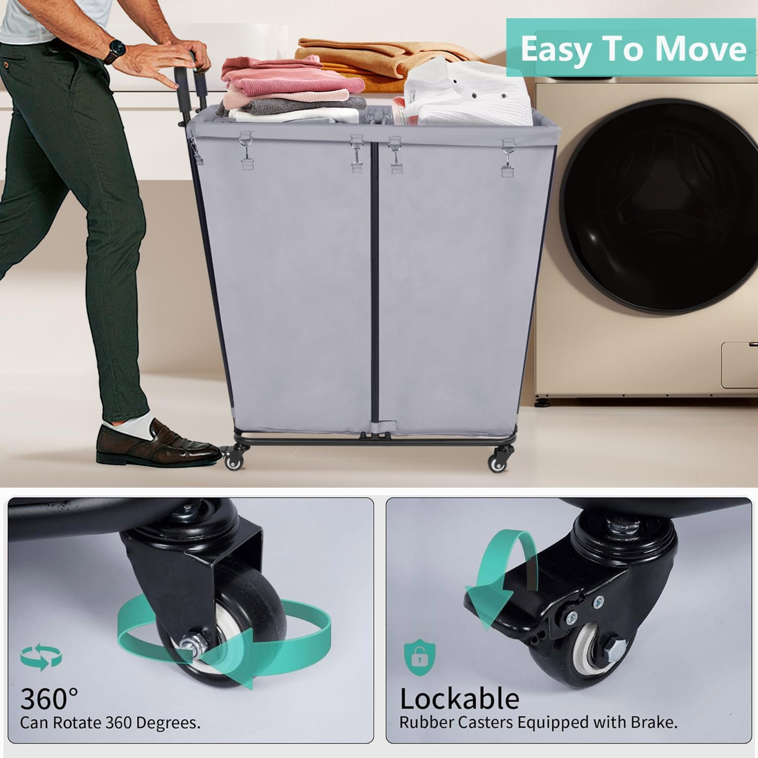 2 Section Laundry Cart Rolling Laundry Sorter 240L Large Laundry Basket with Wheels Heavy Duty Laundry Separator Hamper with Removable Oxford Bags