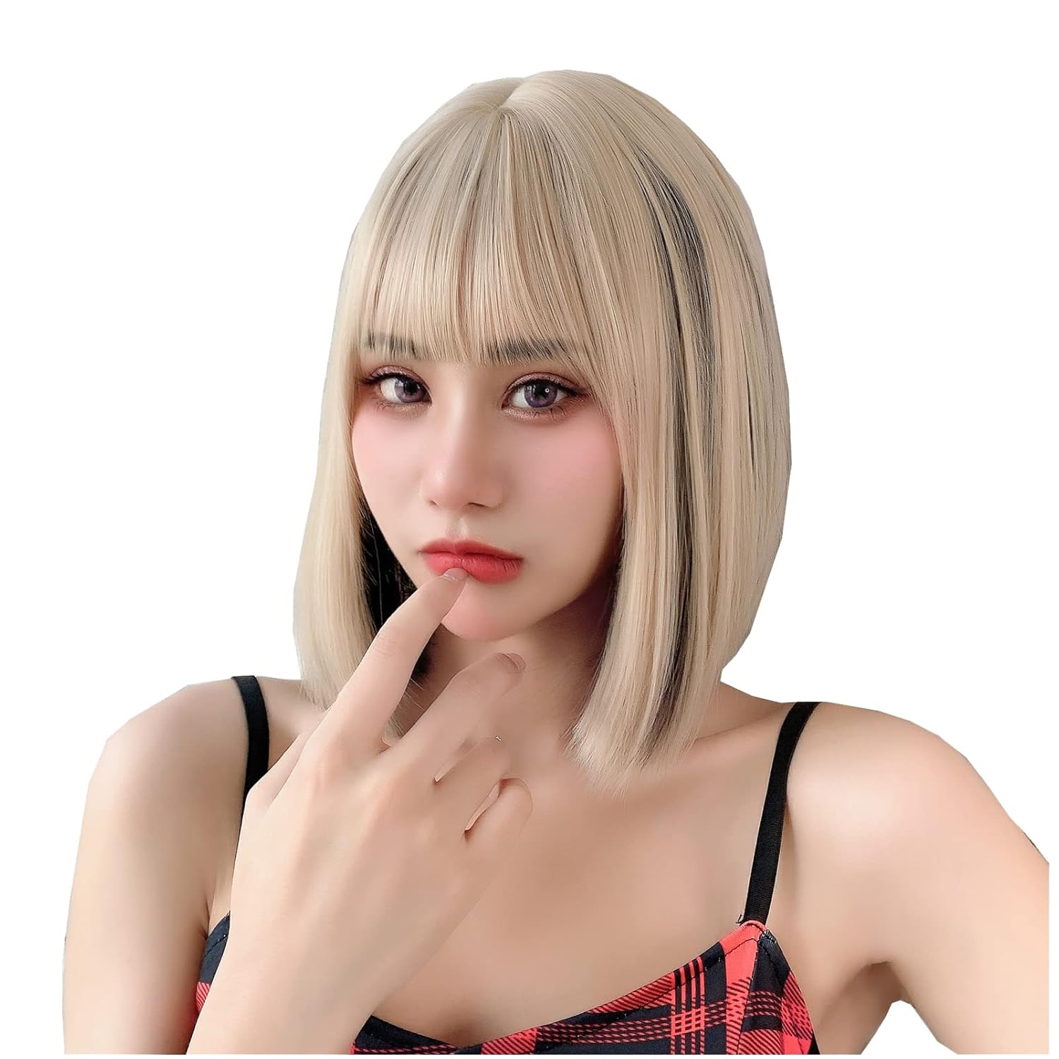 Lotfon Peluca Bob con flequillo para mujeres americanas, pelucas de pelo corto ondulado para mujer (mezcla de rubio negro)