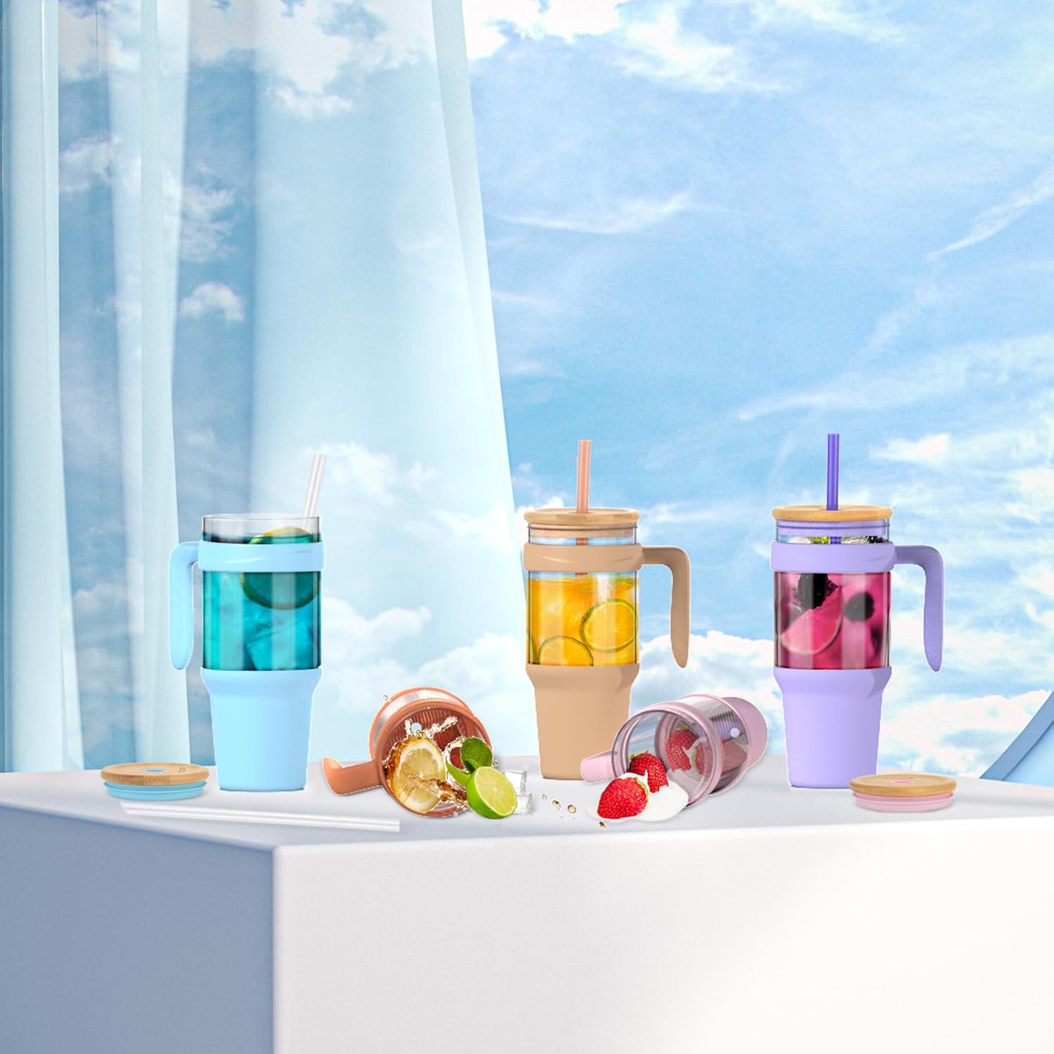 tronco Vaso de vidrio de 40 onzas con popote y tapa, vaso de vidrio reutilizable con asa, taza de café helado con tapa de bambú, botellas de agua de