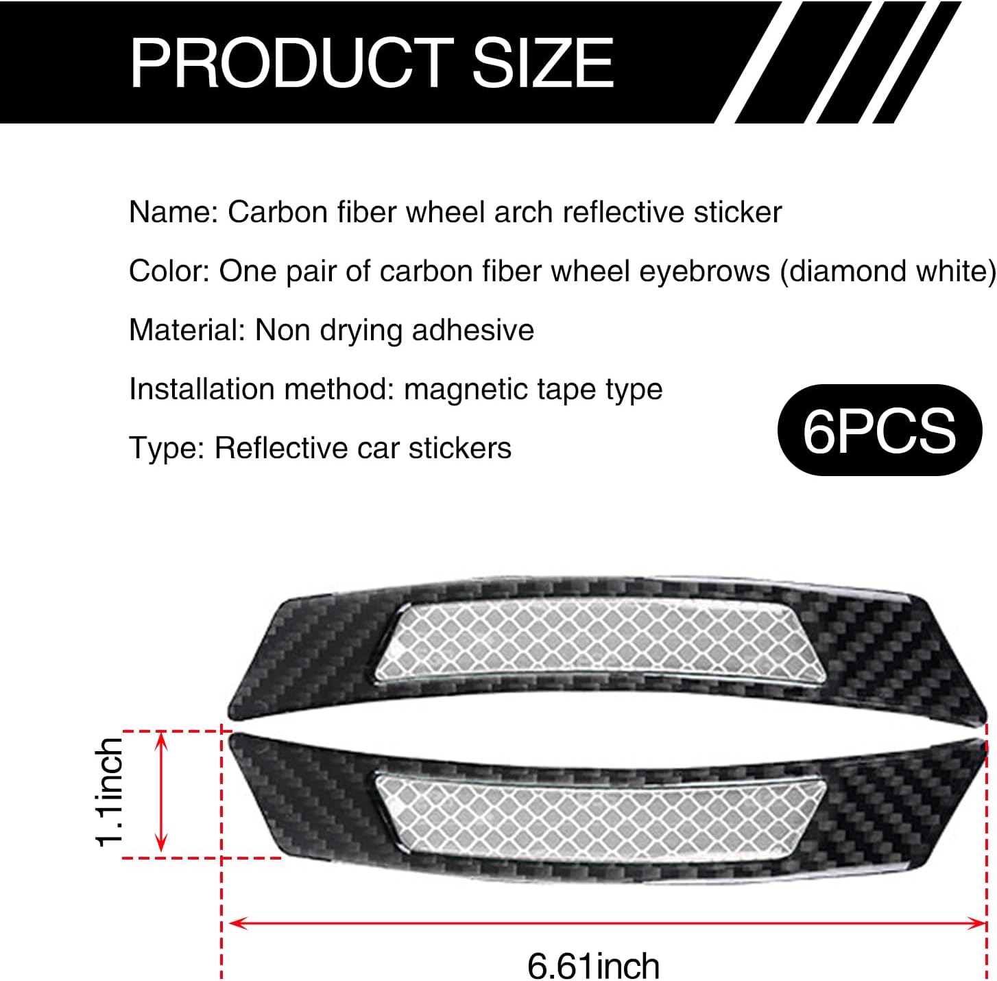 6 calcomanías reflectantes para ruedas de automóvil, fibra de carbono, antiarañazos, decoración nocturna antiarañazos, tiras reflectantes de