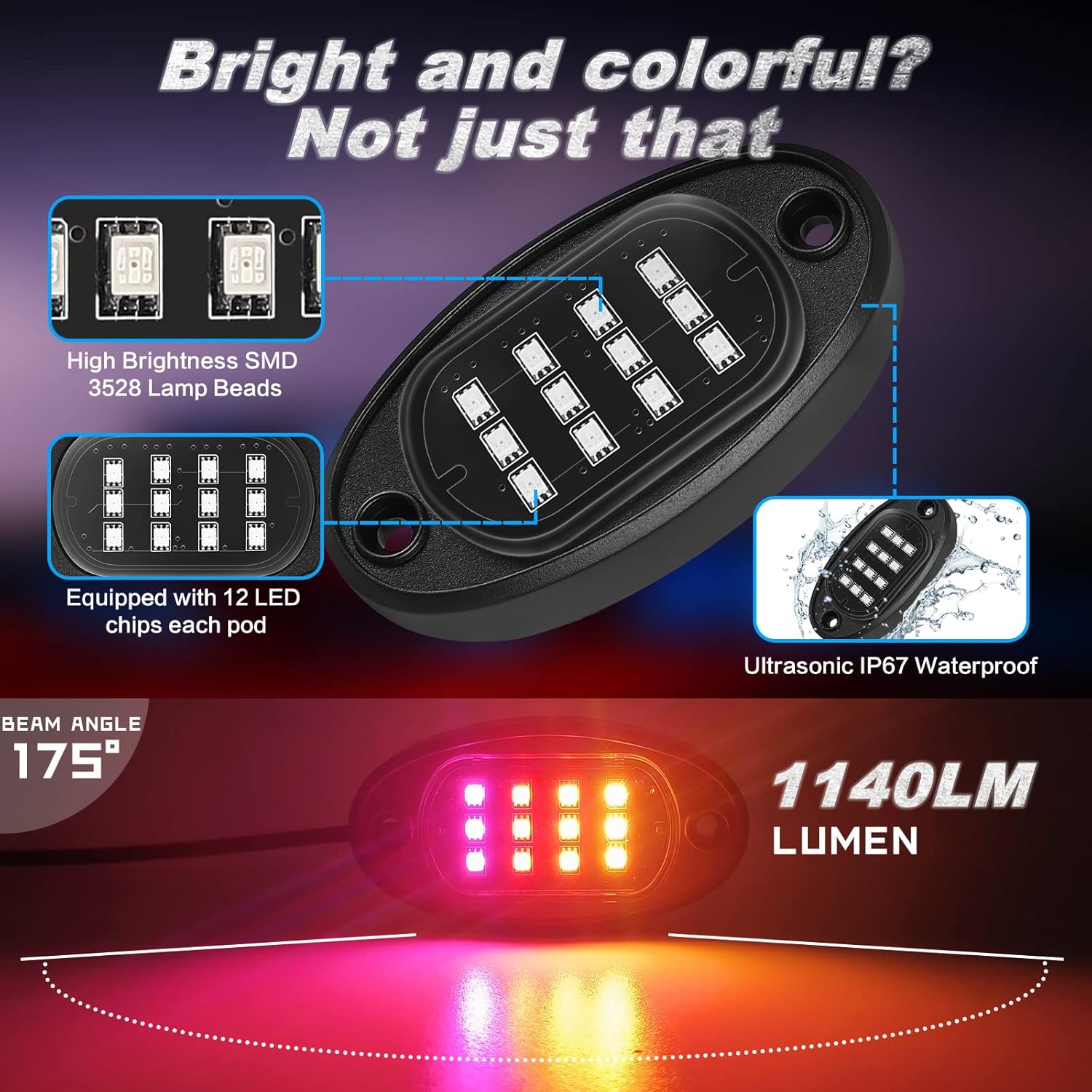 LD DARKEAGLE Chasing Dream – Luces LED Rock con control remoto APPRF, impermeables, 6 vainas, luces basculantes subterráneas con freno, multicolor,