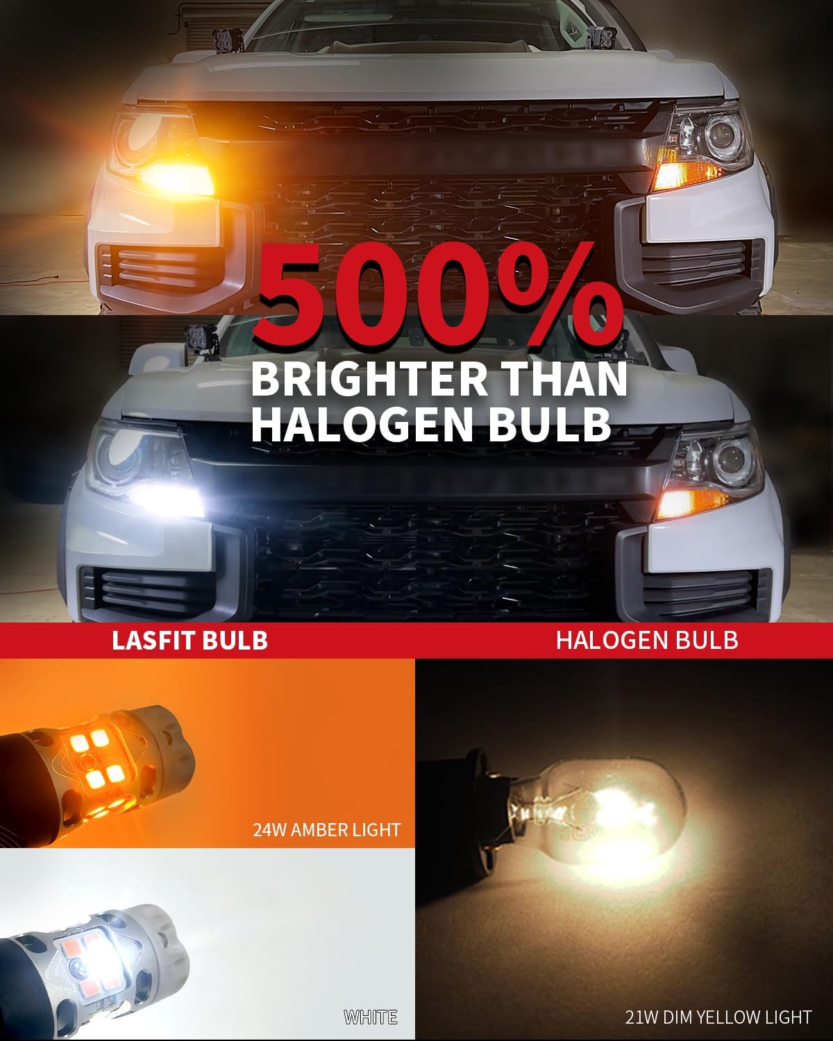 LASFIT Bombilla LED T3 7443 7444 Switchback – Señal de giro frontal CANBUS sin errores, blanco ámbar, nuevo 500% brillante intermitente 7443NA