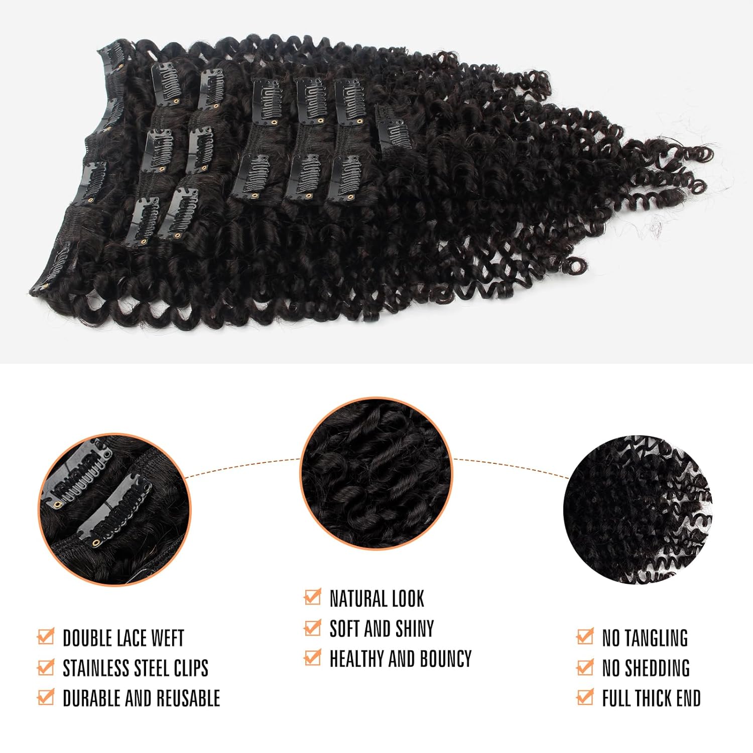 Extensiones de cabello rizado con clip, doble trama, grueso, cabeza completa, color negro natural, 100 % cabello humano virgen Remy, para mujeres
