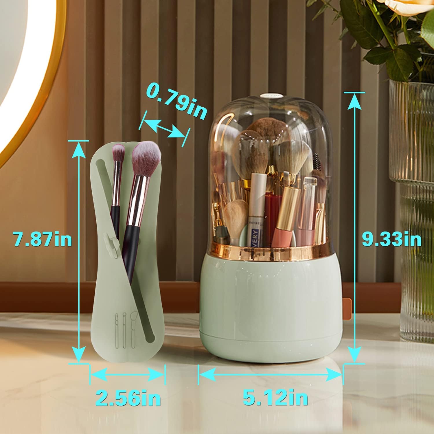 Paquete de 2 soportes para brochas de maquillaje, organizador de brochas de maquillaje acrílico giratorio de 360 grados con tapa, contenedor