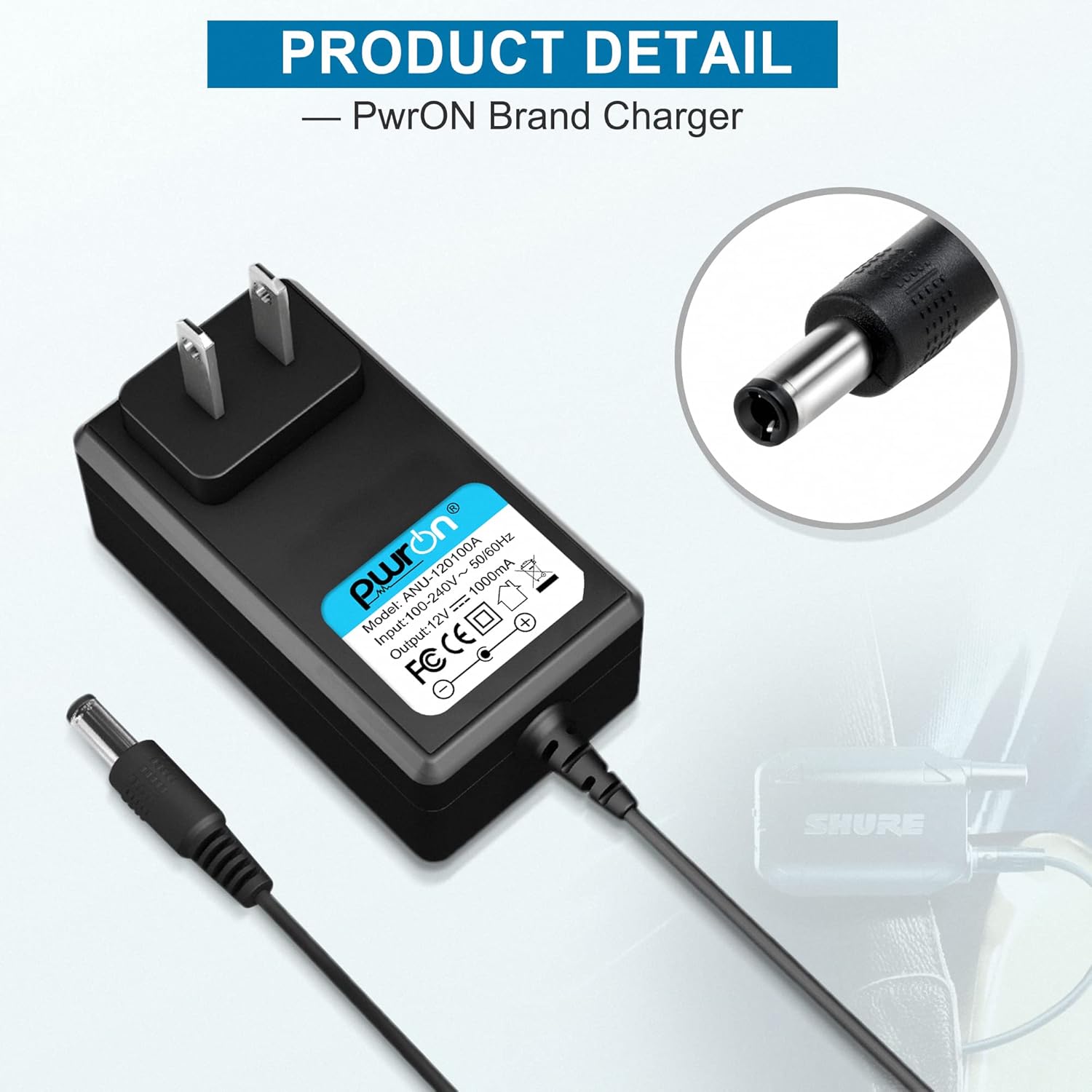 PwrON Adaptador de CA compatible de 12 V para Shure SLX4 PGX4 BLX4 BLX88 BLX4R GLXD6 UABiasT PG4 PGX4 PGXD4 SLX4L P2T FP33 Receptores inalámbricos