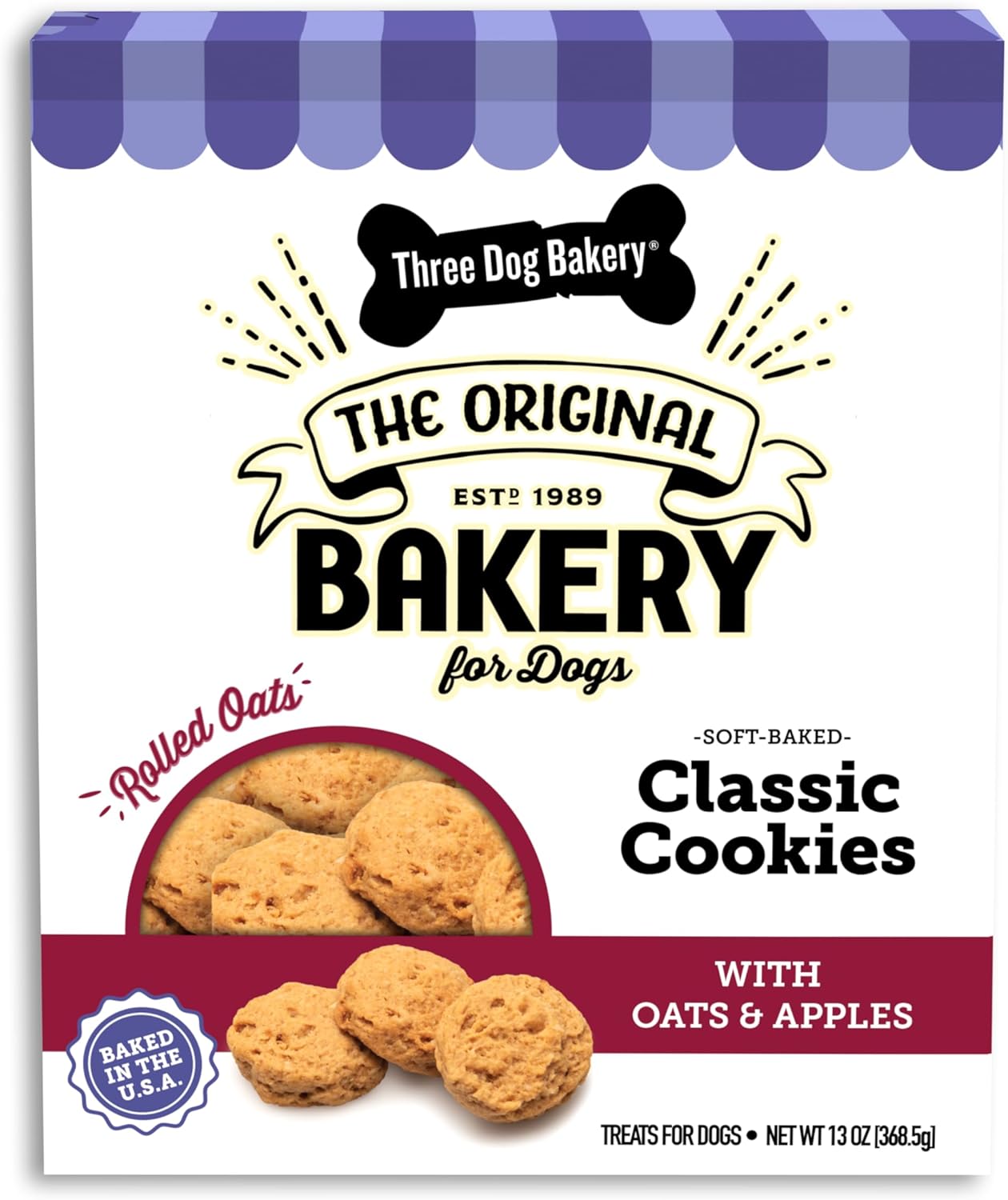 Three Dog Bakery Galletas clásicas horneadas suaves con avena y manzana, golosinas prémium para perros, caja de 13 onzas (114334)