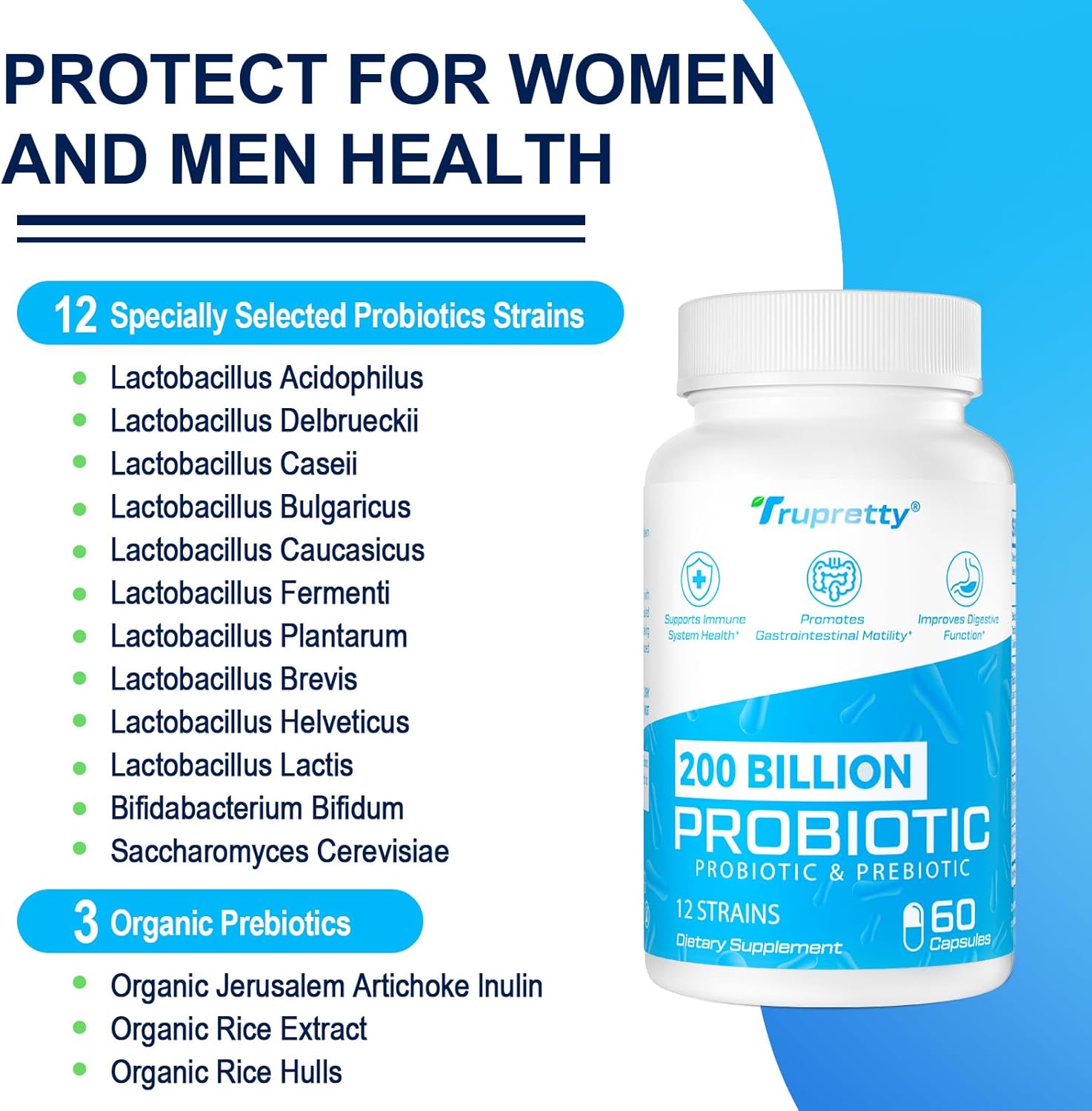 Probióticos de 200 mil millones de cfus 12 cepas, probióticos para mujeres y hombres, suplemento probiótico diario con 3 prebióticos, para apoyo