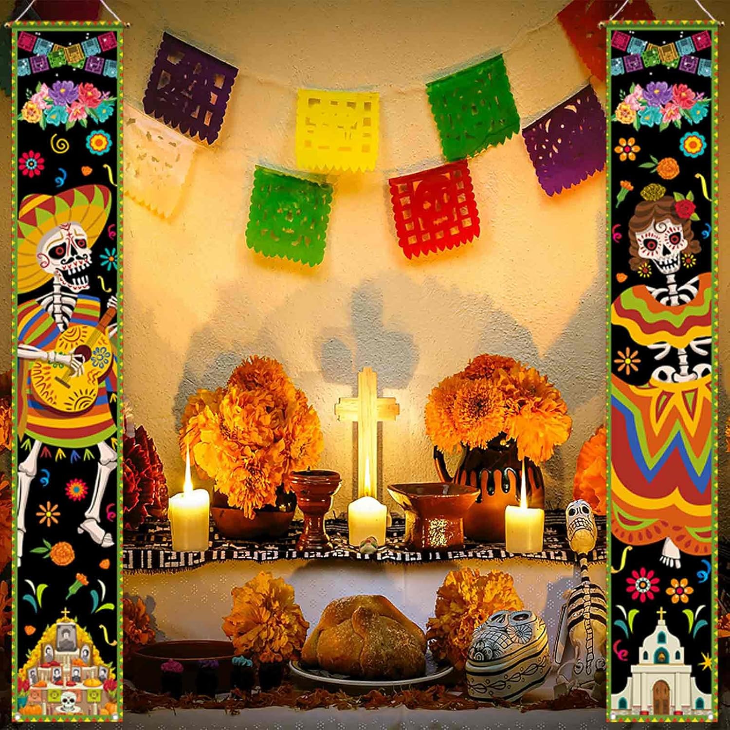 Allenjoy Letreros colgantes del Día de los Muertos mexicanos para puerta de pared, decoración de guitarra y esqueleto, poliéster, sin arrugas, para