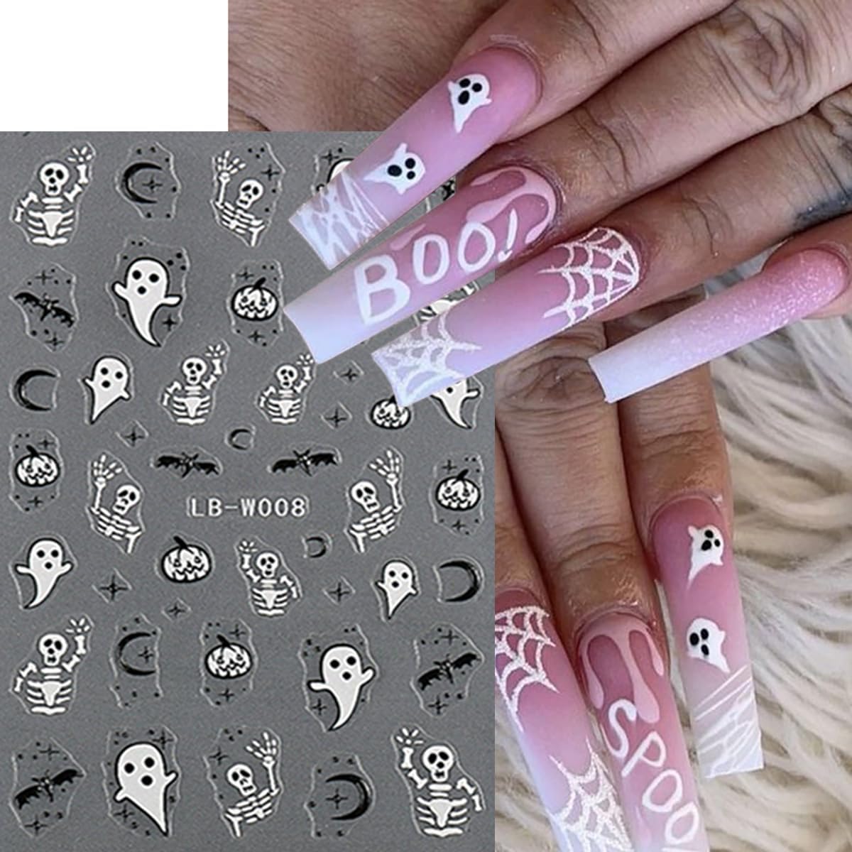 8 hojas de calcomanías de arte de uñas de Halloween, lindas calcomanías de fantasma, calabaza, calavera, gato, espeluznante, diseño de calavera