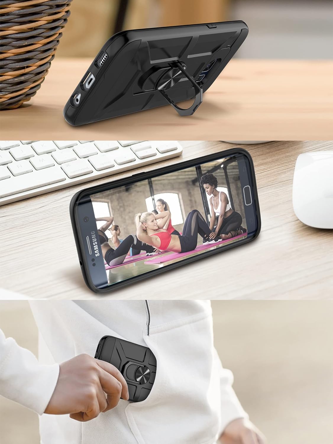 Funda para Galaxy S6 Edge Plus, Galaxy S6 Edge + con 3 protectores de pantalla suave HD, soporte de anillo integrado y soporte magnético para