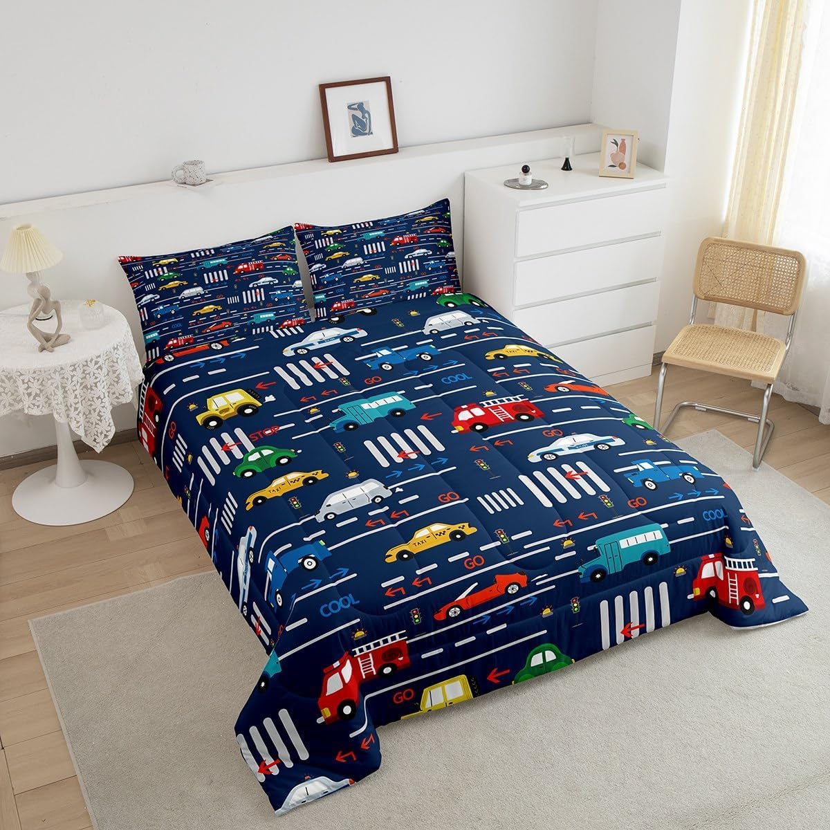 Feelyou Juego de ropa de cama con diseño de caricaturas para automóvil, tamaño Queen, con vehículos de transporte y automóviles, edredón de camión