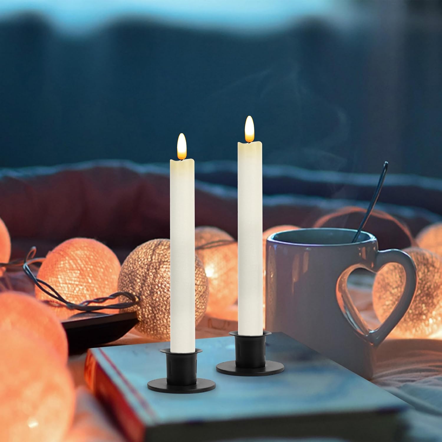 CVHOMEDECO. Velas cónicas sin llama de cera real con control remoto de 10 teclas, velas LED parpadeantes con mecha 3D para ventana, decoración de