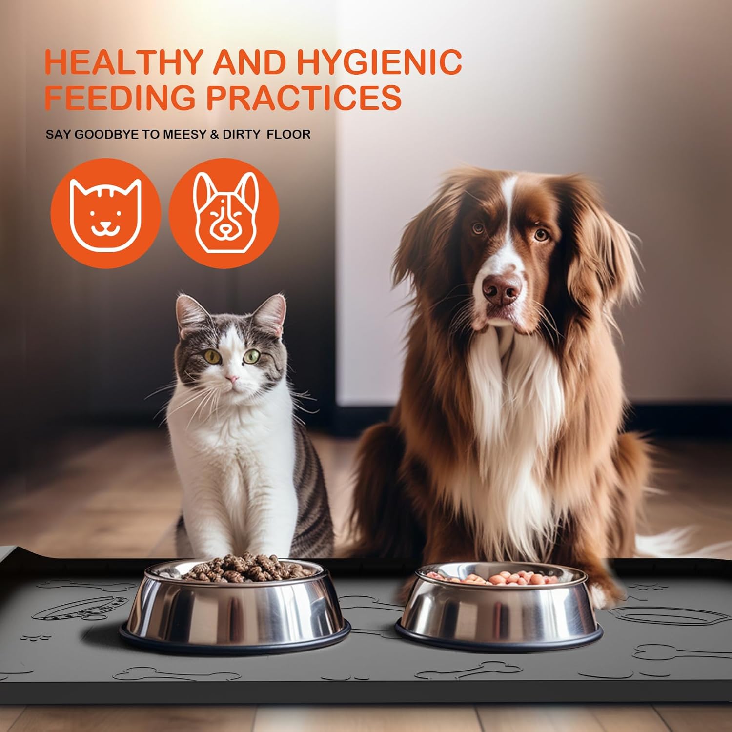 Tomxcute Tapete de silicona para comida y agua, protege los suelos de los alimentos y el agua, impermeable, con bordes altos para evitar derrames de