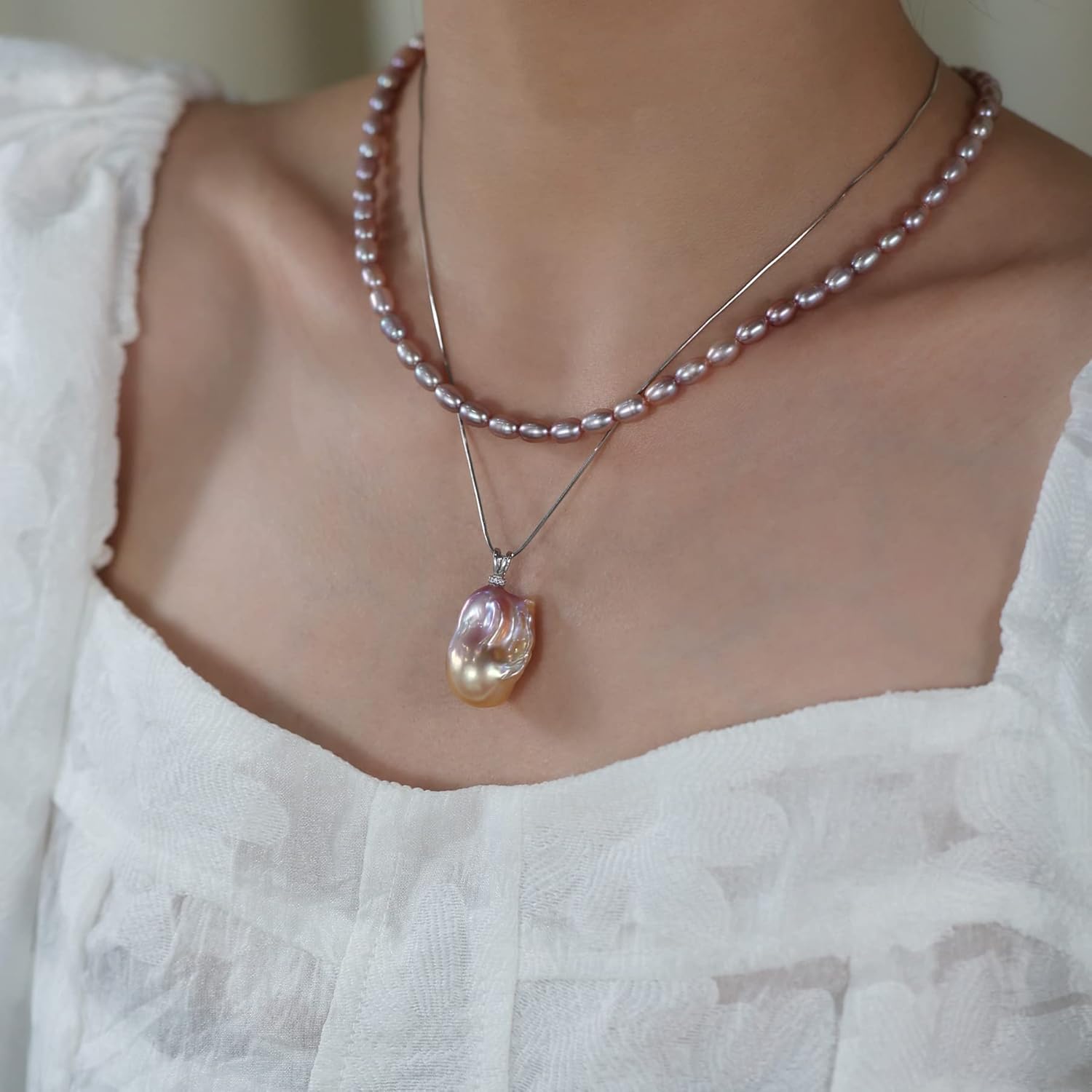 Genuine Freshwater Pearl Necklace Pearl necklaces for WomenDouble Layer Silver Necklace for Women Metallic Purple Pink Necklaces for Women Baroque