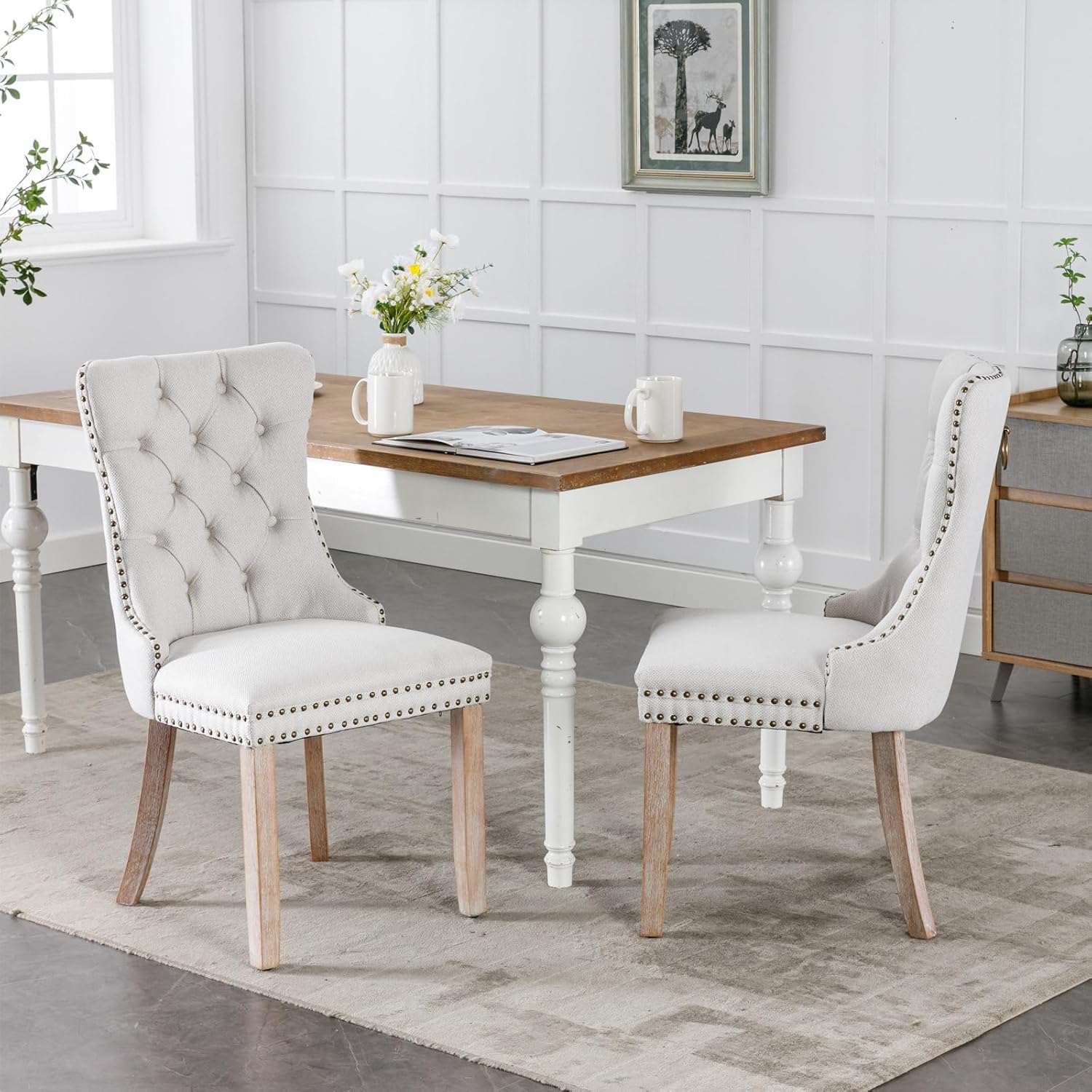 Merax Juego de 2 sillas de comedor de lino, sillas de comedor tapizadas de alta gama con patas de madera, adornos de cabeza de clavo para cocina