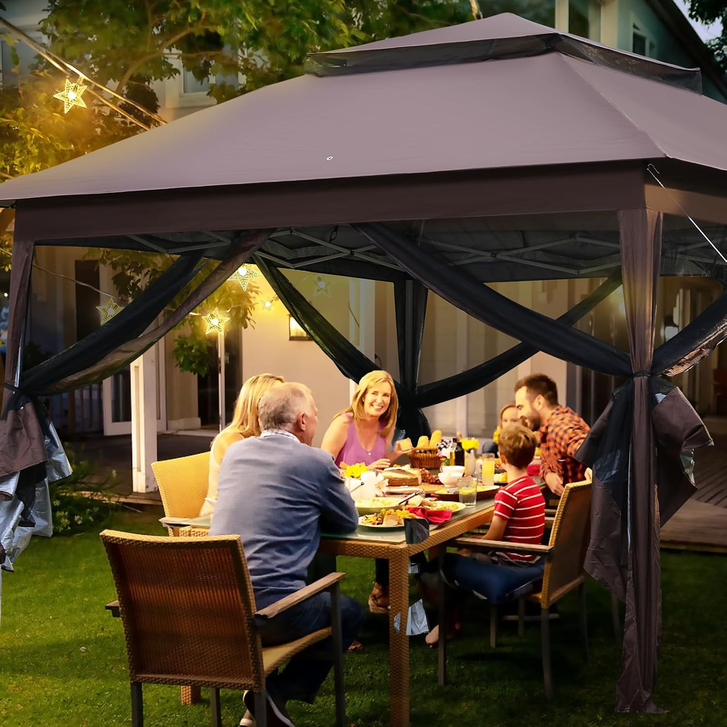 Carpa desplegable de 10 x 10 pies para exteriores, carpa de fiesta resistente con mosquitera para patio, jardín, patio y césped, color marrón