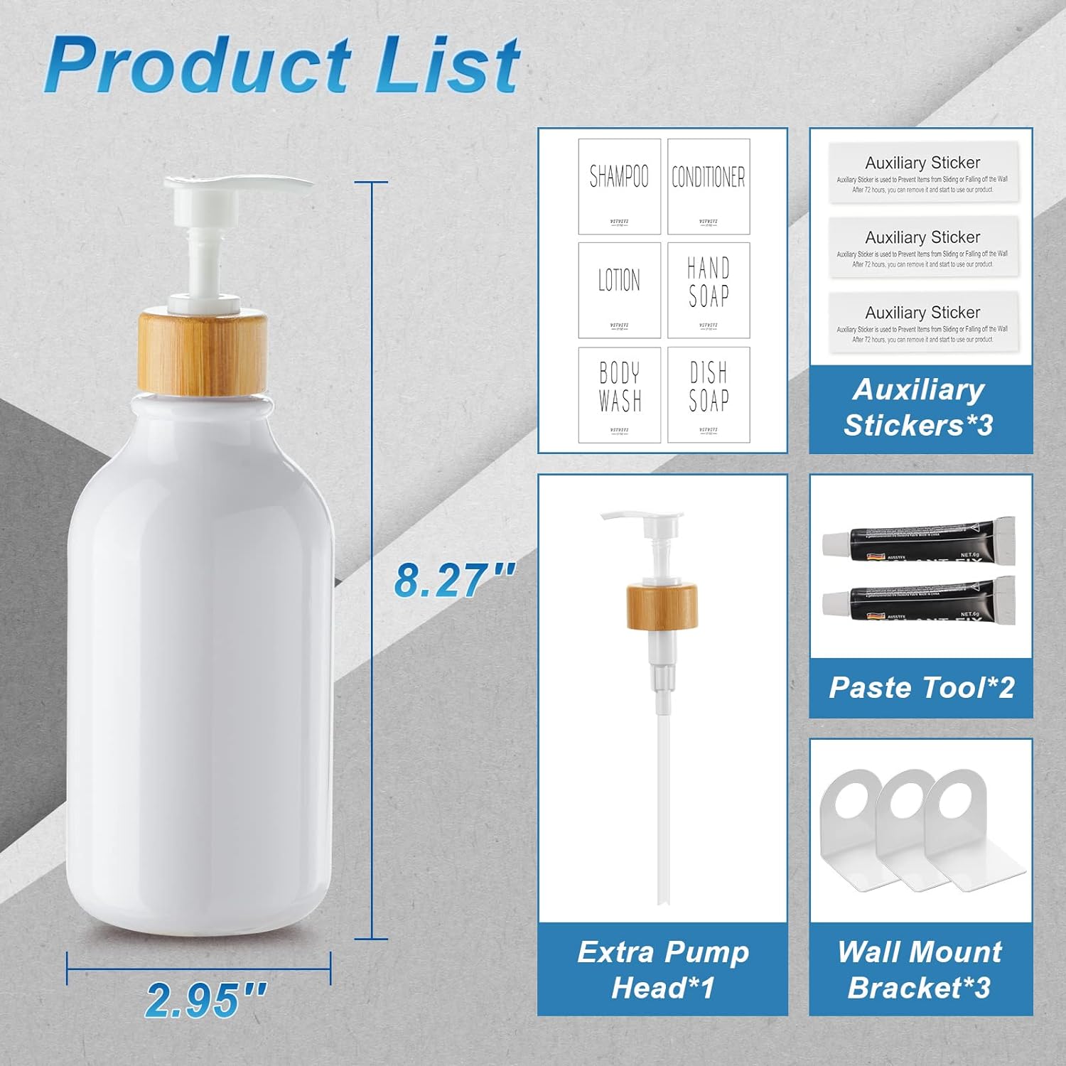 VITVITI Shampoo and Conditioner Dispenser, Body Wash Shower Soap Dispenser Wall Mounted 3 Chamber, Drill Free 17oz Plastic Shower Bottles for
