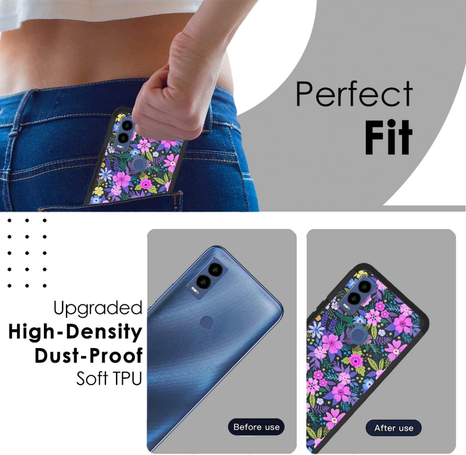 TJS Funda para Cricket Innovate E 5G (solo versión E, juego de 2 cámaras), con protector de pantalla de vidrio templado híbrido de doble capa
