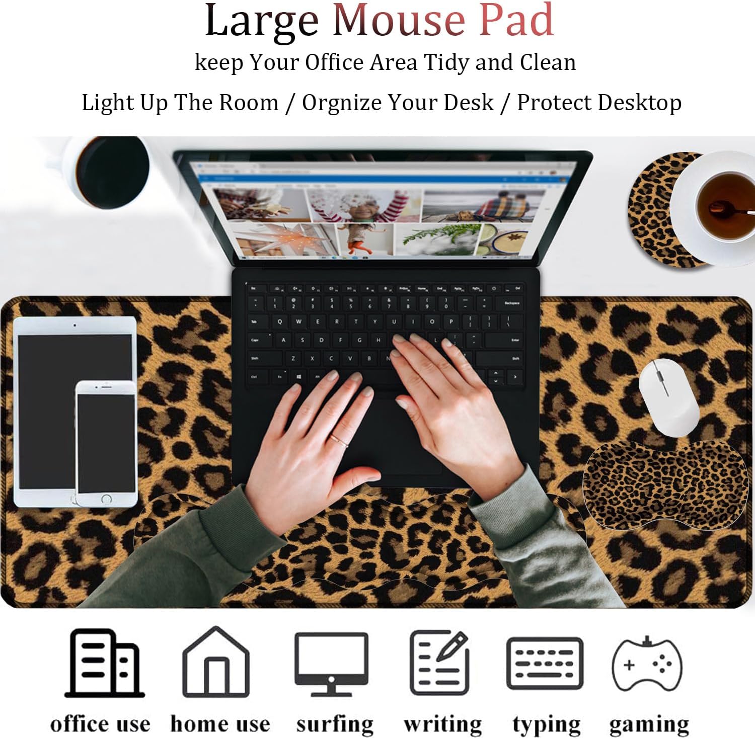 Combo de alfombrilla de mouse 4 en 1, alfombrilla de mouse grande para juegos + soporte de muñeca para teclado + reposamuñecas de mouse + posavasos,