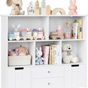 FOTOSOK Organizador de almacenamiento de juguetes con 4 cajones, organizadores de juguetes y almacenamiento con ruedas ocultas y 5 cubos de FOTOSOK Organizador de almacenamiento de juguetes con 4 cajones, organizadores de juguetes y almacenamiento con ruedas ocultas y 5 cubos de