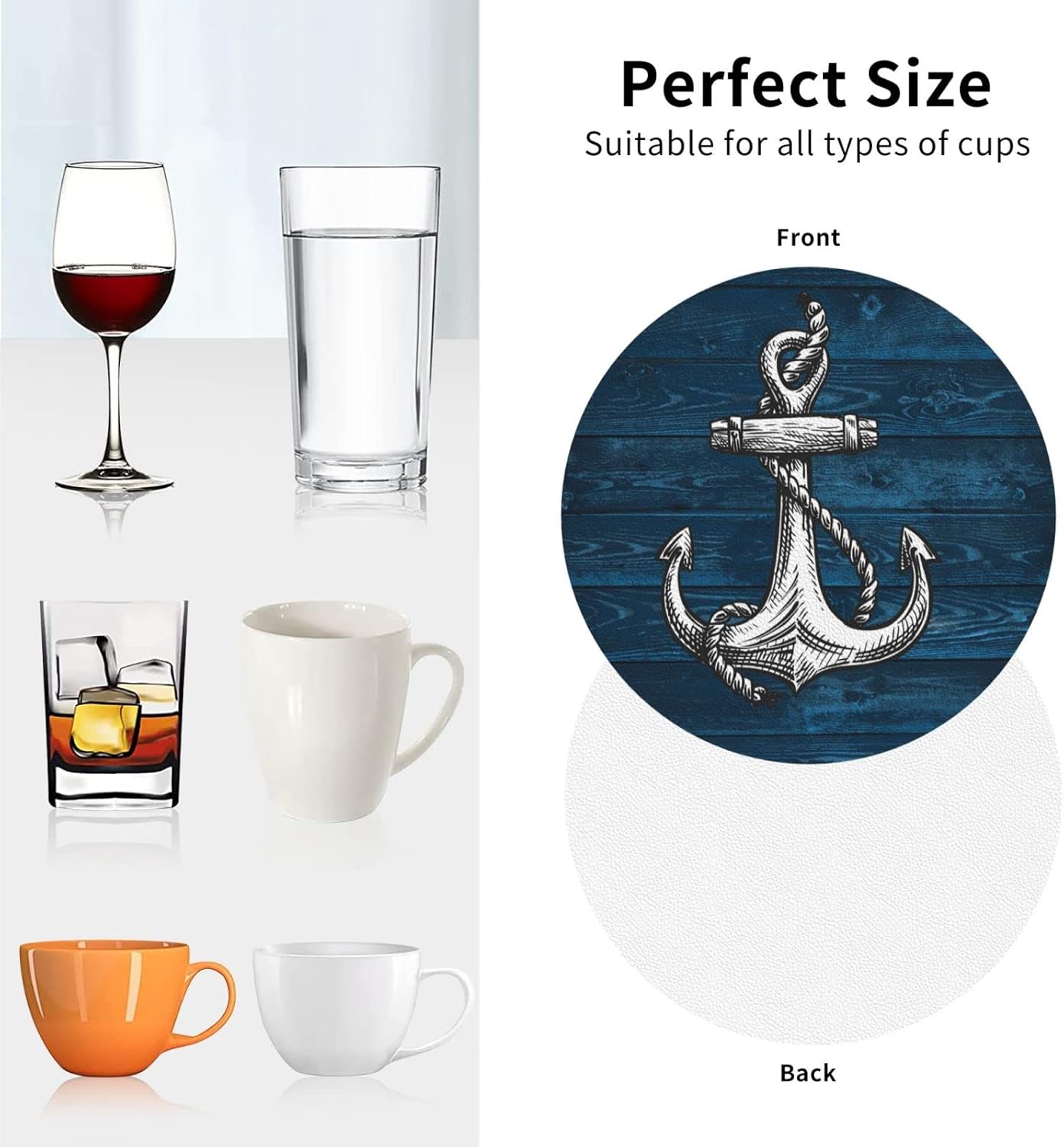 Anchor – Juego de 6 posavasos de madera para bebidas, de piel sintética absorbente para mesa de café, decoración del hogar, regalo de inauguración