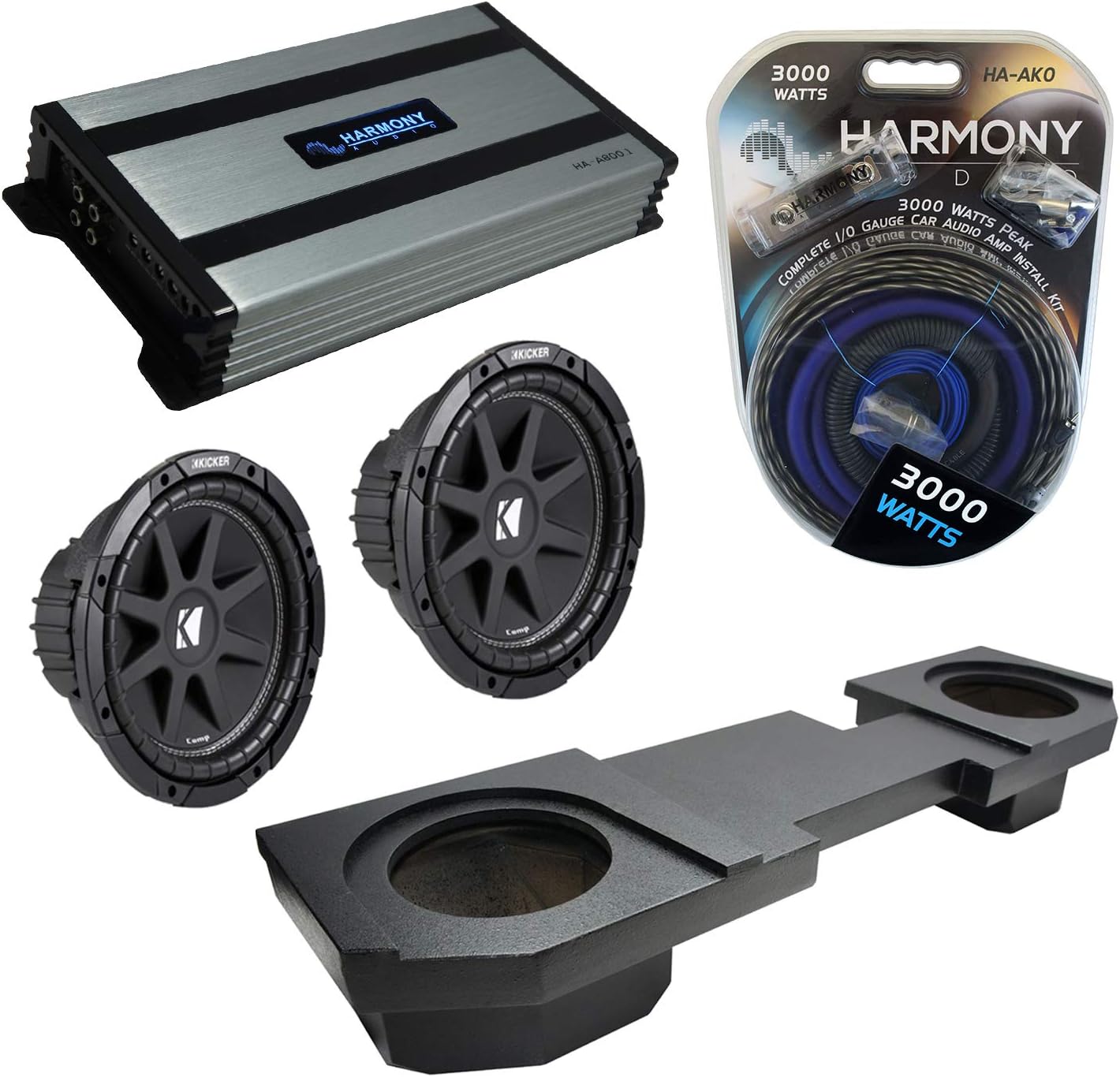 Harmony Audio Compatible con Dodge Ram Quad o Crew Kicker Bundle Comp C10 Dual de 10 pulgadas con revestimiento de rinoceronte Harmony HA-A800.1 Amp