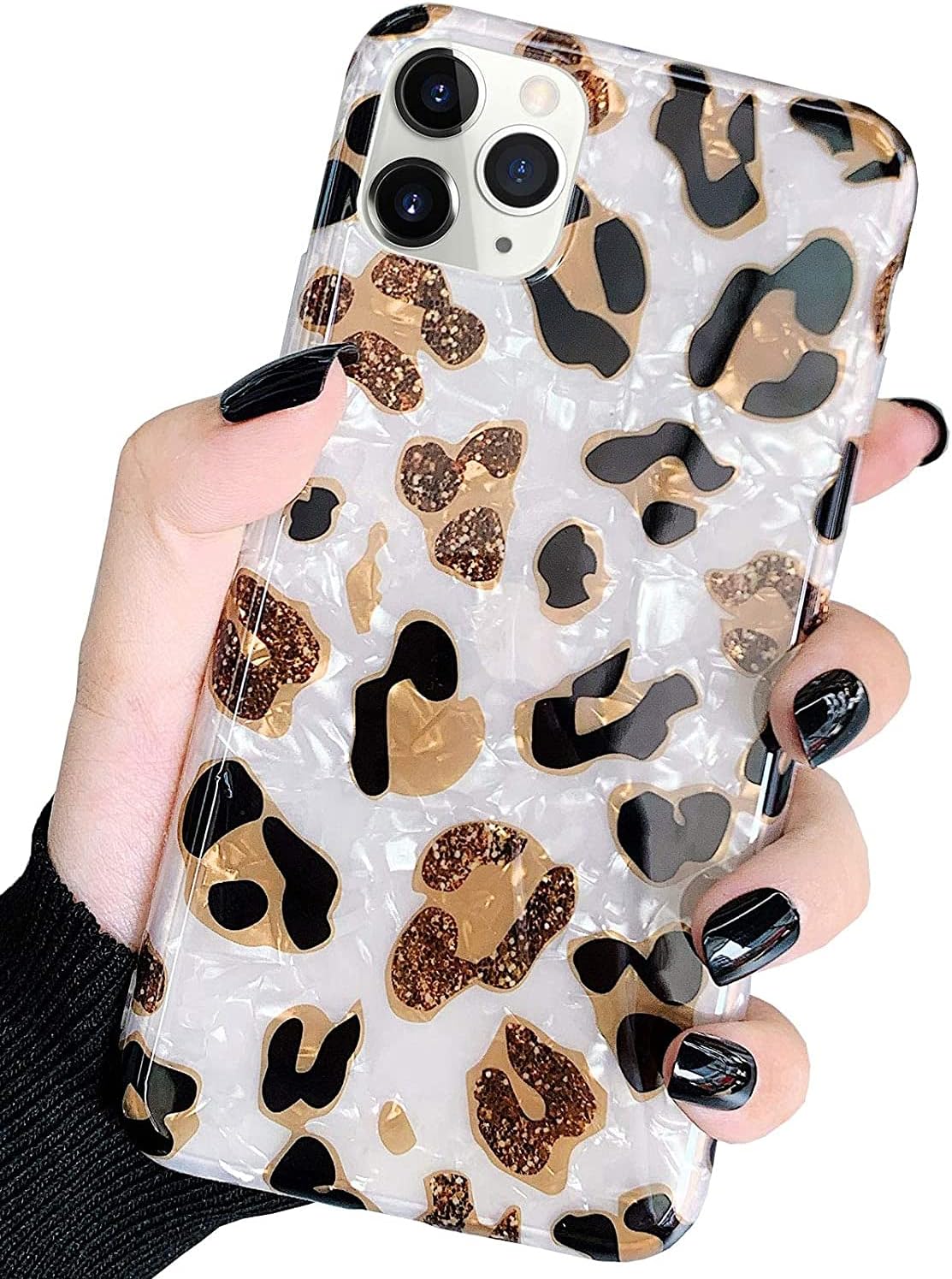 J.west Funda compatible con iPhone 13 Pro Max de 6.7 pulgadas, con purpurina dorada y estampado de leopardo, diseño de guepardo, translúcido,