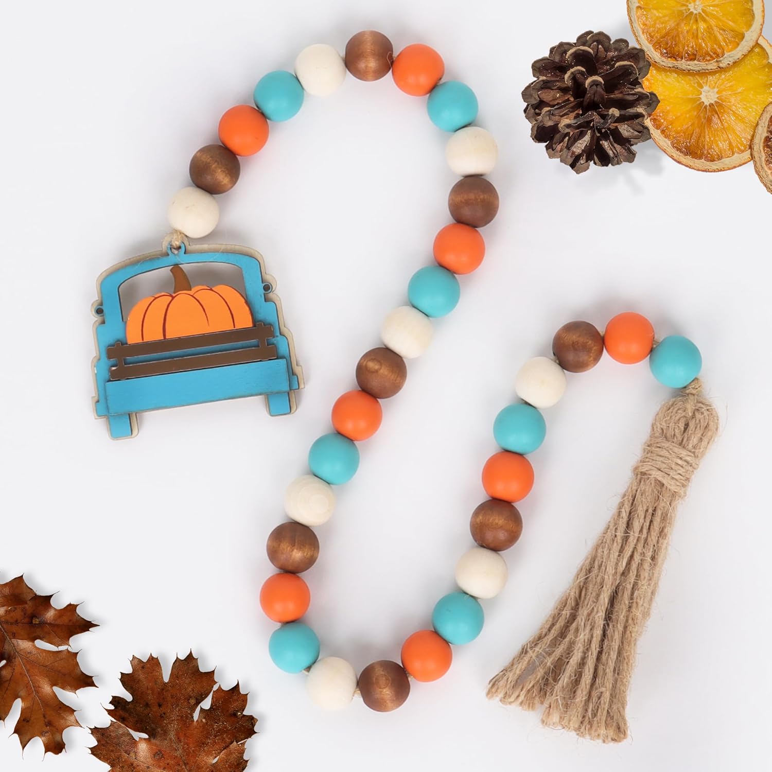 Guirnalda de cuentas de madera de otoño con borla y etiqueta de calabaza, decoración de bandeja escalonada de otoño, guirnalda de borlas de