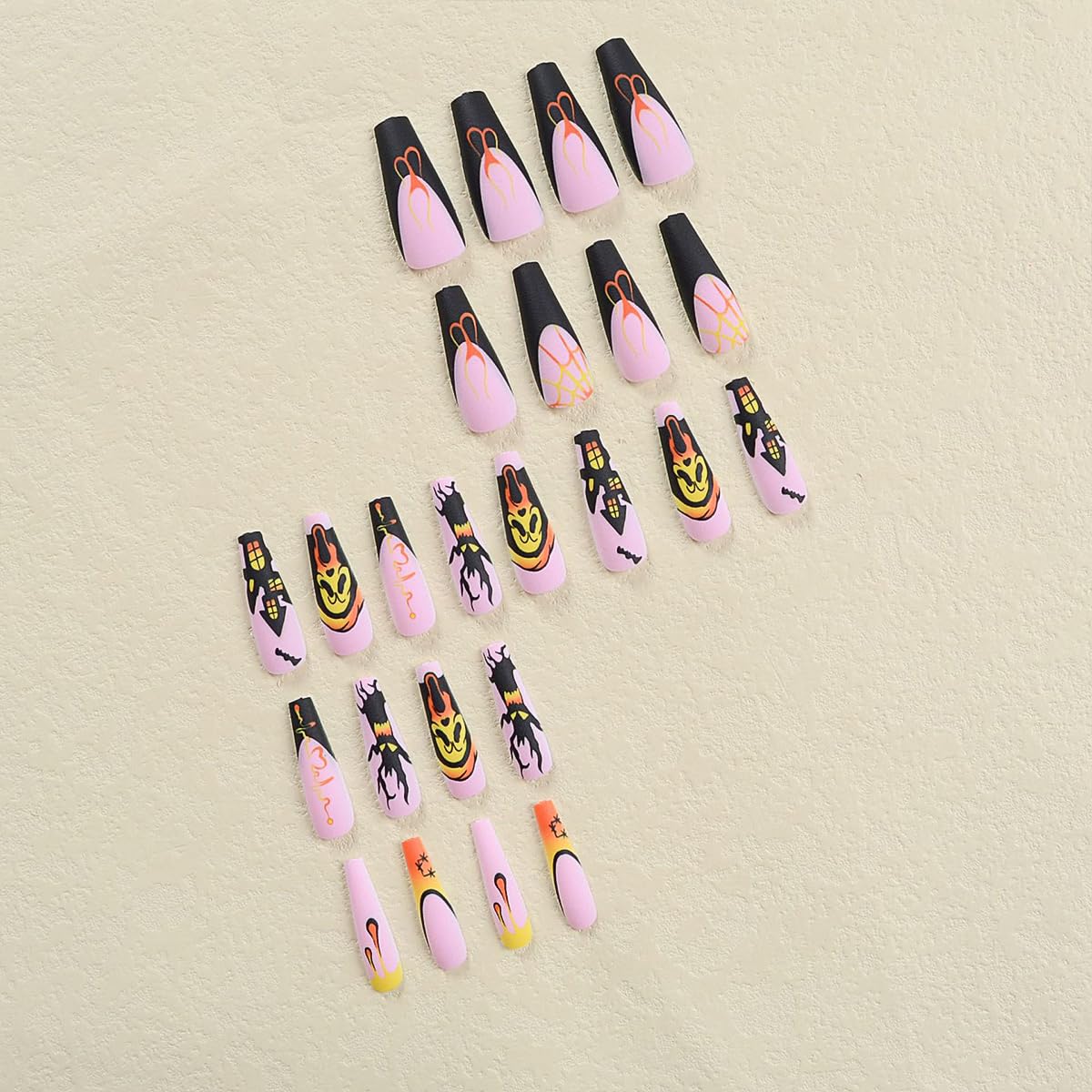 Uñas largas a presión para Halloween, uñas postizas de ataúd rosa, uñas adhesivas con diseño de casa fantasma, uñas postizas de murciélago, uñas