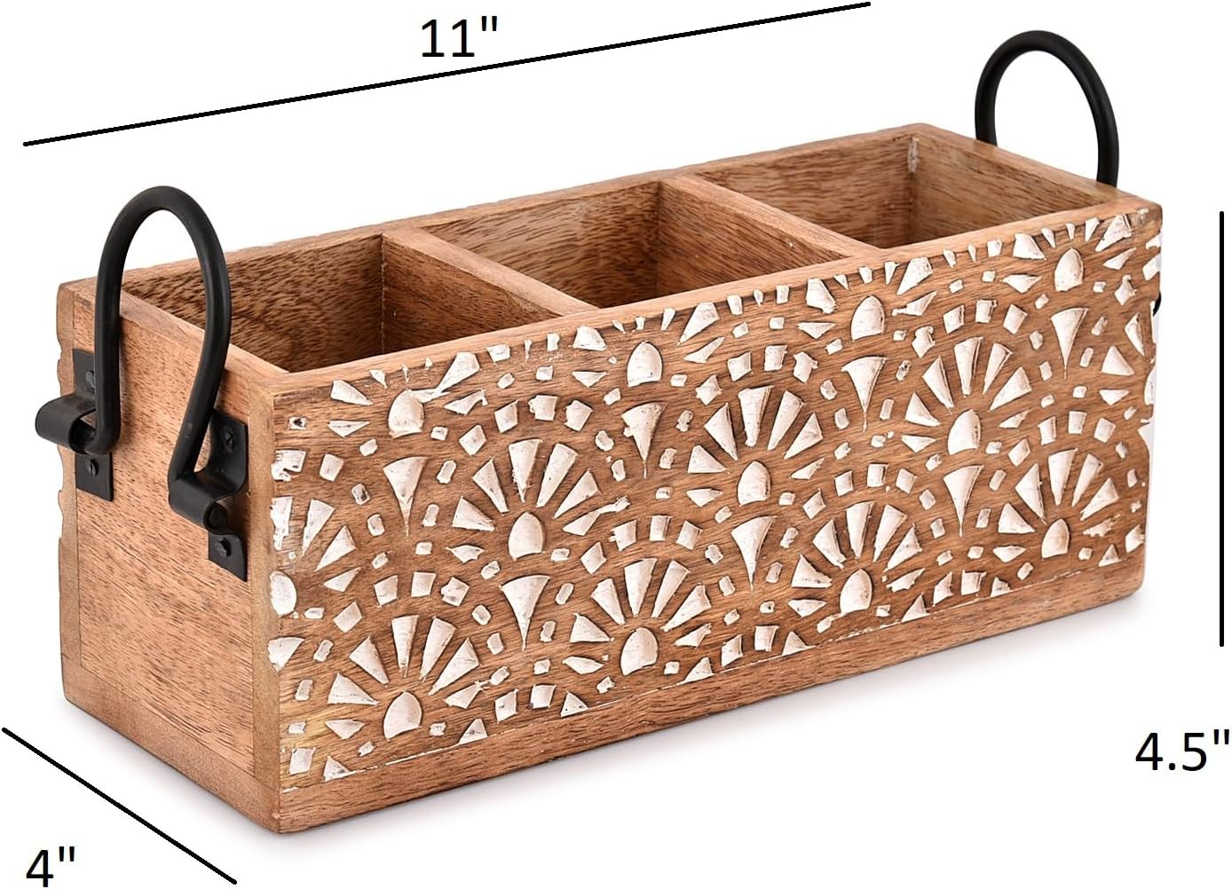 NIRMAN Estante multiusos de madera de mango con 3 compartimentos para cubiertos, servilletas, tazas (11 x 4 x 4.5 pulgadas)