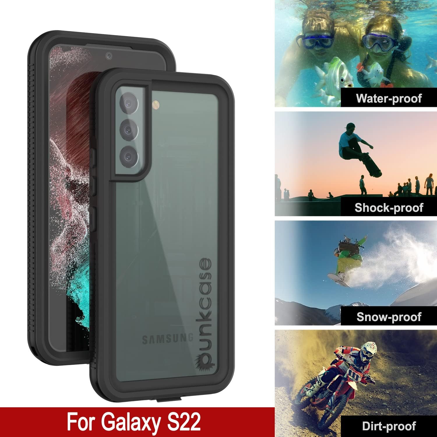 Punkcase Funda impermeable para Galaxy S22 Ultimato Series Slim Fit Certificado IP68 A prueba de golpes A prueba de suciedad a prueba de nieve Funda