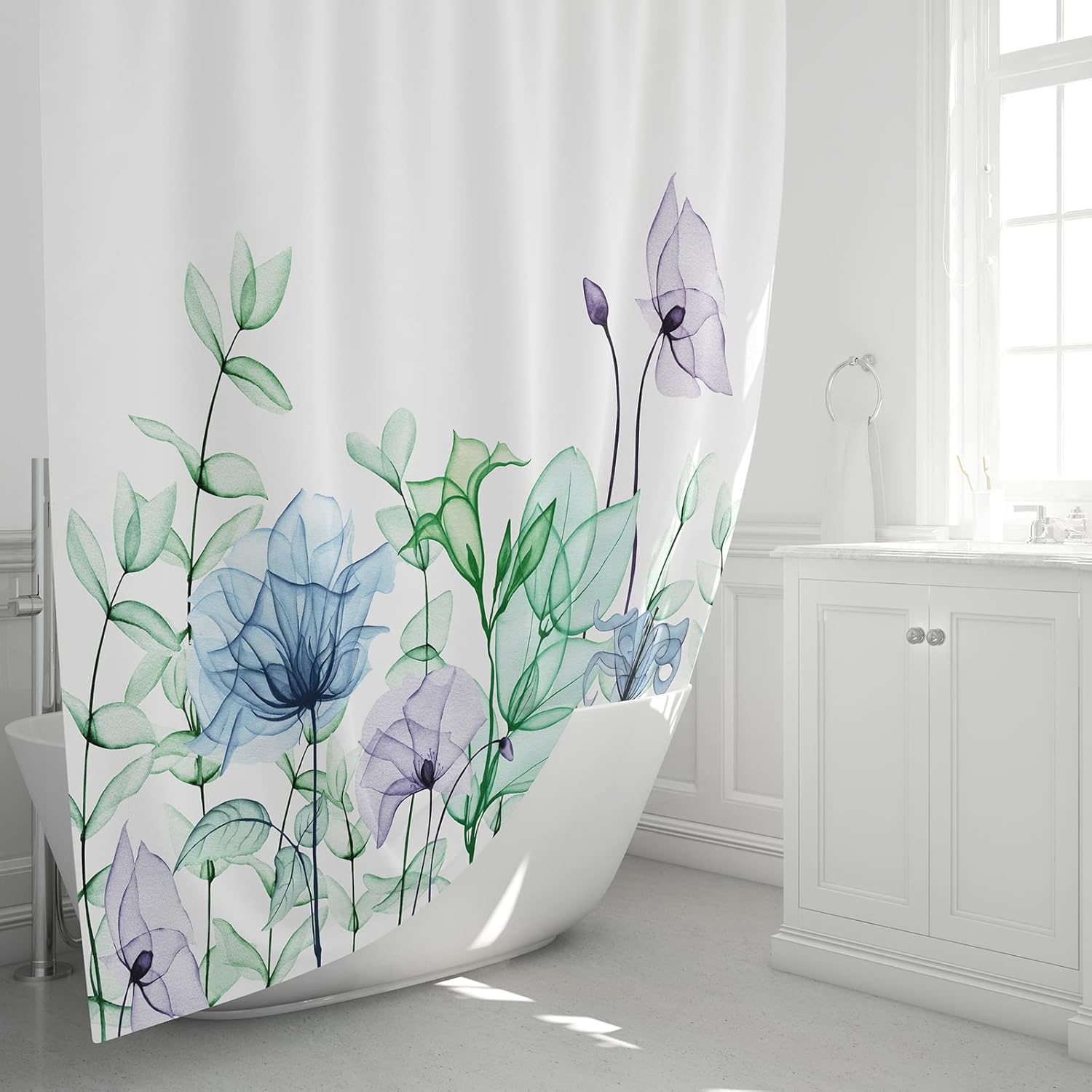 Juego de cortinas de ducha de tela floral con 12 ganchos, cortina de baño de acuarela, accesorios decorativos modernos para baño, flores y hojas