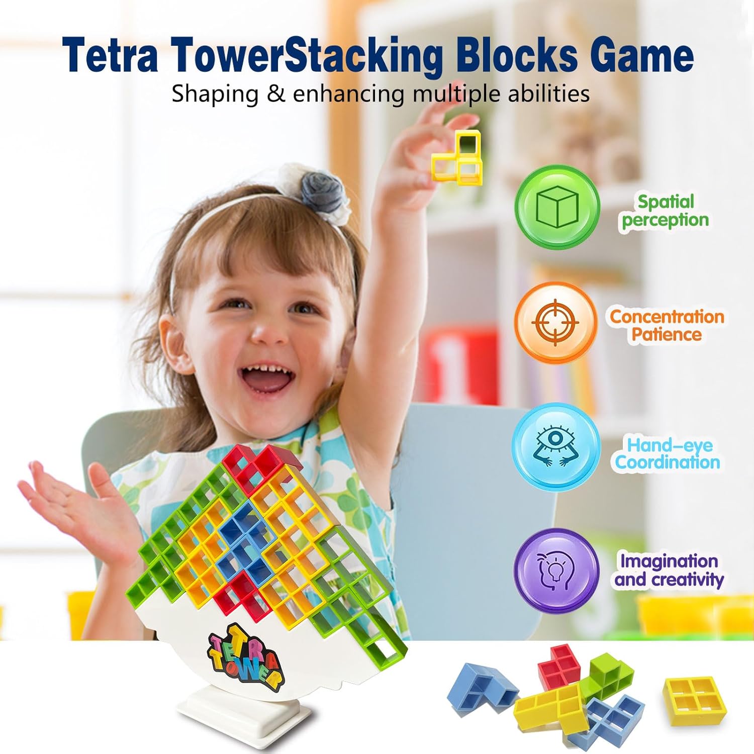 Equilibrio y diversión juego de bloques apilables Tetra Tower para niños y adultos, perfecto para la familia, fiestas, viajes (32 piezas)