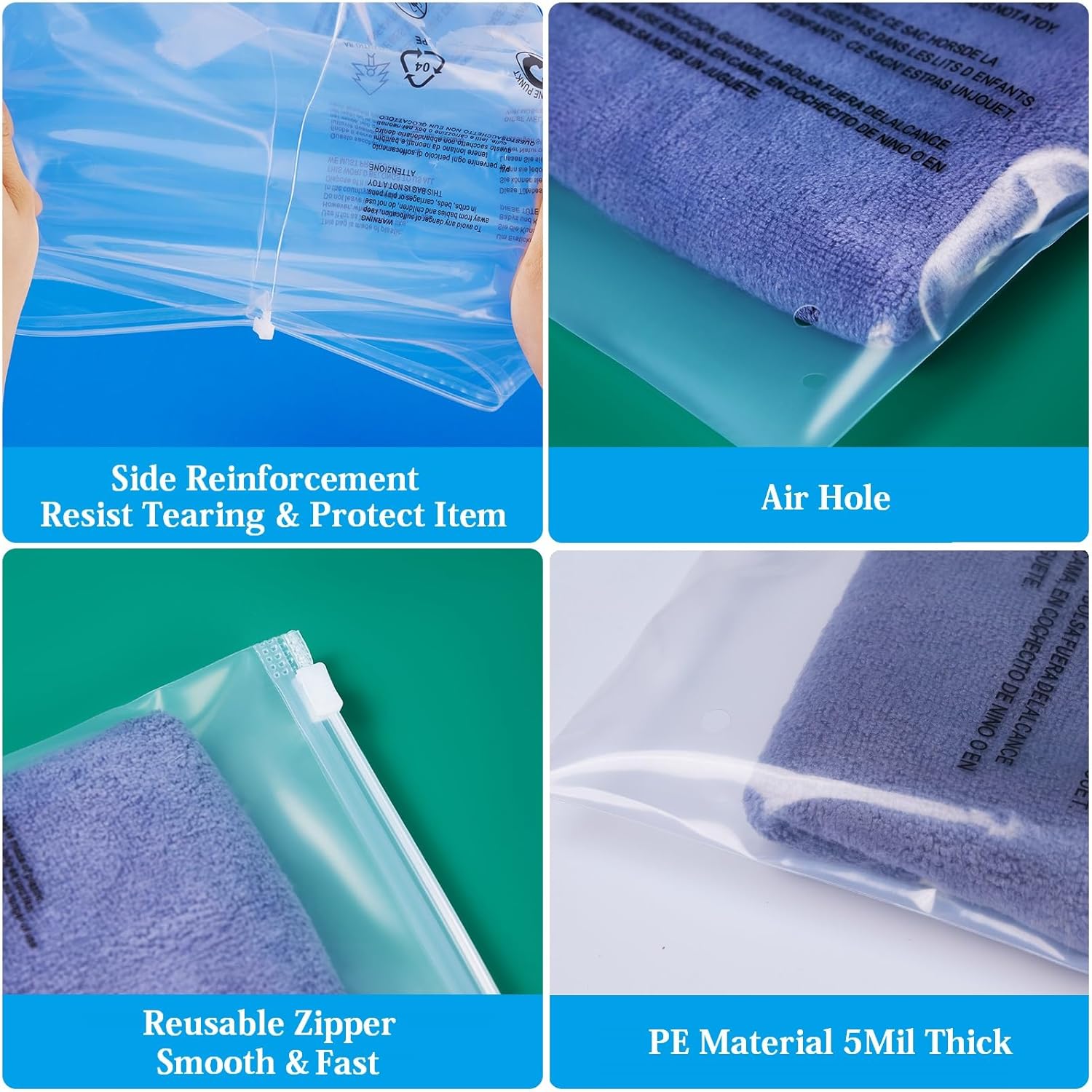 Bolsas de ropa de 12 x 16 pulgadas (5 mil), 50 bolsas transparentes con cremallera con advertencia de asfixia, bolsas de polietileno para empaquetar