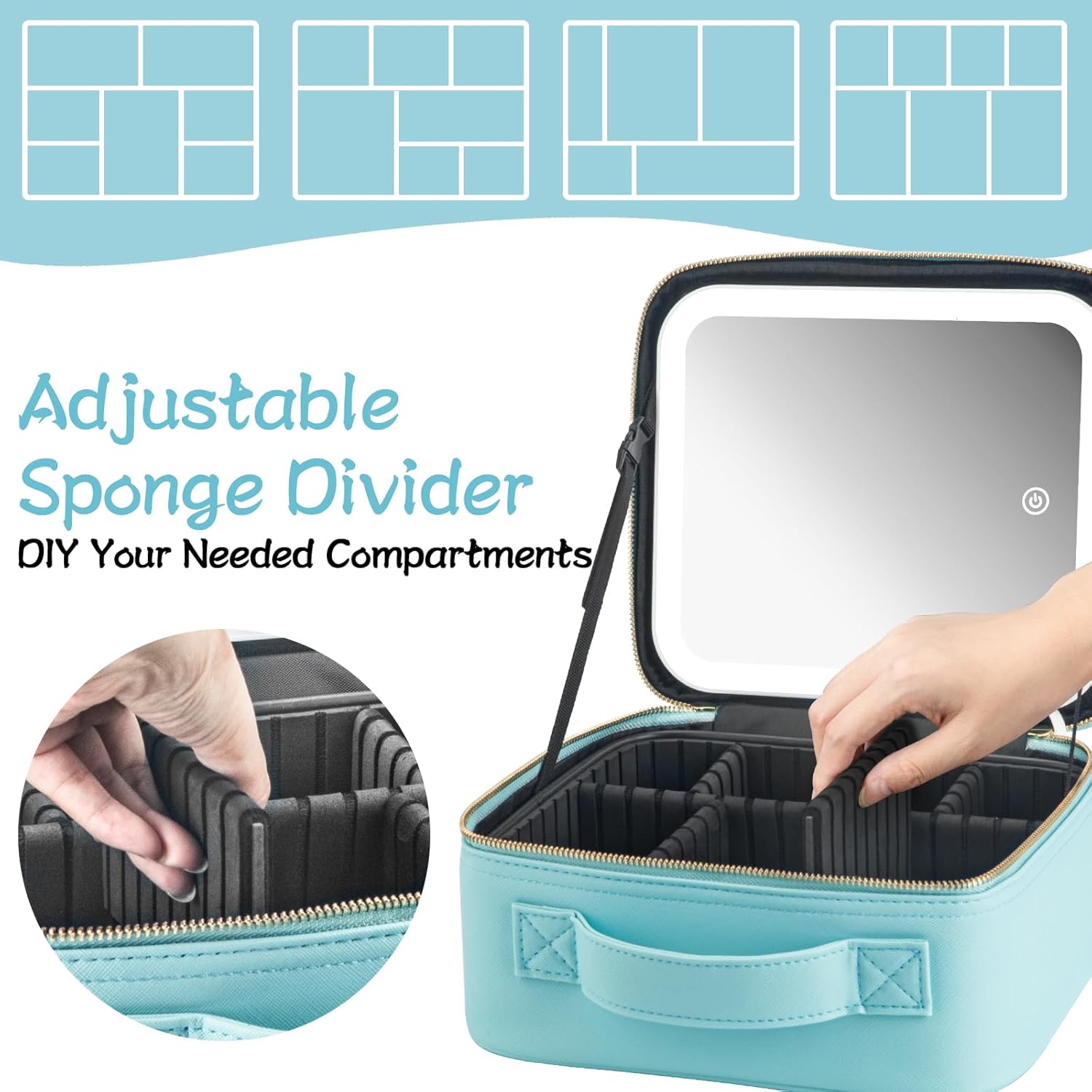 Extrei Gent Estuche de viaje de maquillaje con espejo con luz LED, 3 brillo ajustable, bolsa de cosméticos, almacenamiento portátil, partición