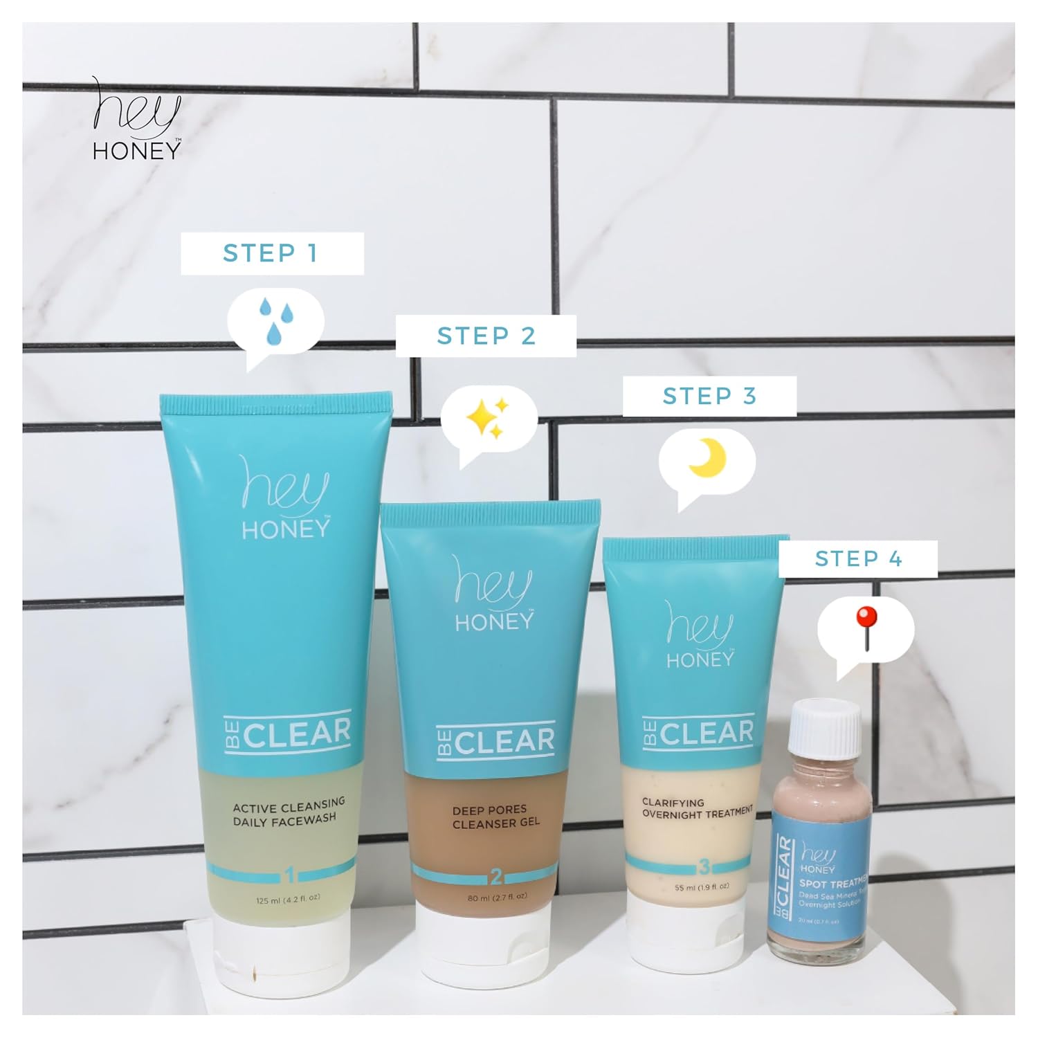 Hey Honey Skincare Be Clear – Gel limpiador de poros profundos para el control del acné  Propóleos, aceite de té verde, camelia, exfolia,