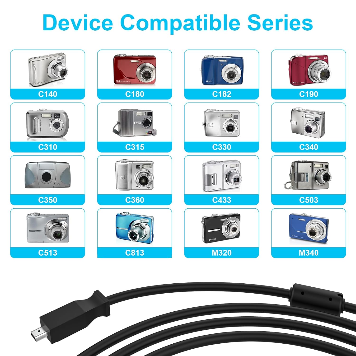 Cable de sincronización de datos de cámara USB de 3.93 pies para cámara Kodak EasyShare, cable USB compatible con Kodak C140 C180 C182 C190 C310