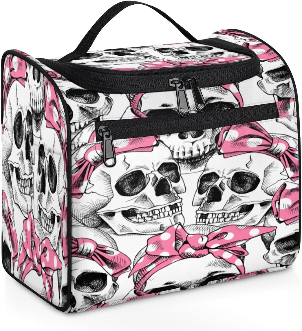 Skull Fun Style Toiletry Bag for Women Travel Makeup Organizer with Hanging Hook Traveling Cosmetic Bags for Toiletries Accessories
