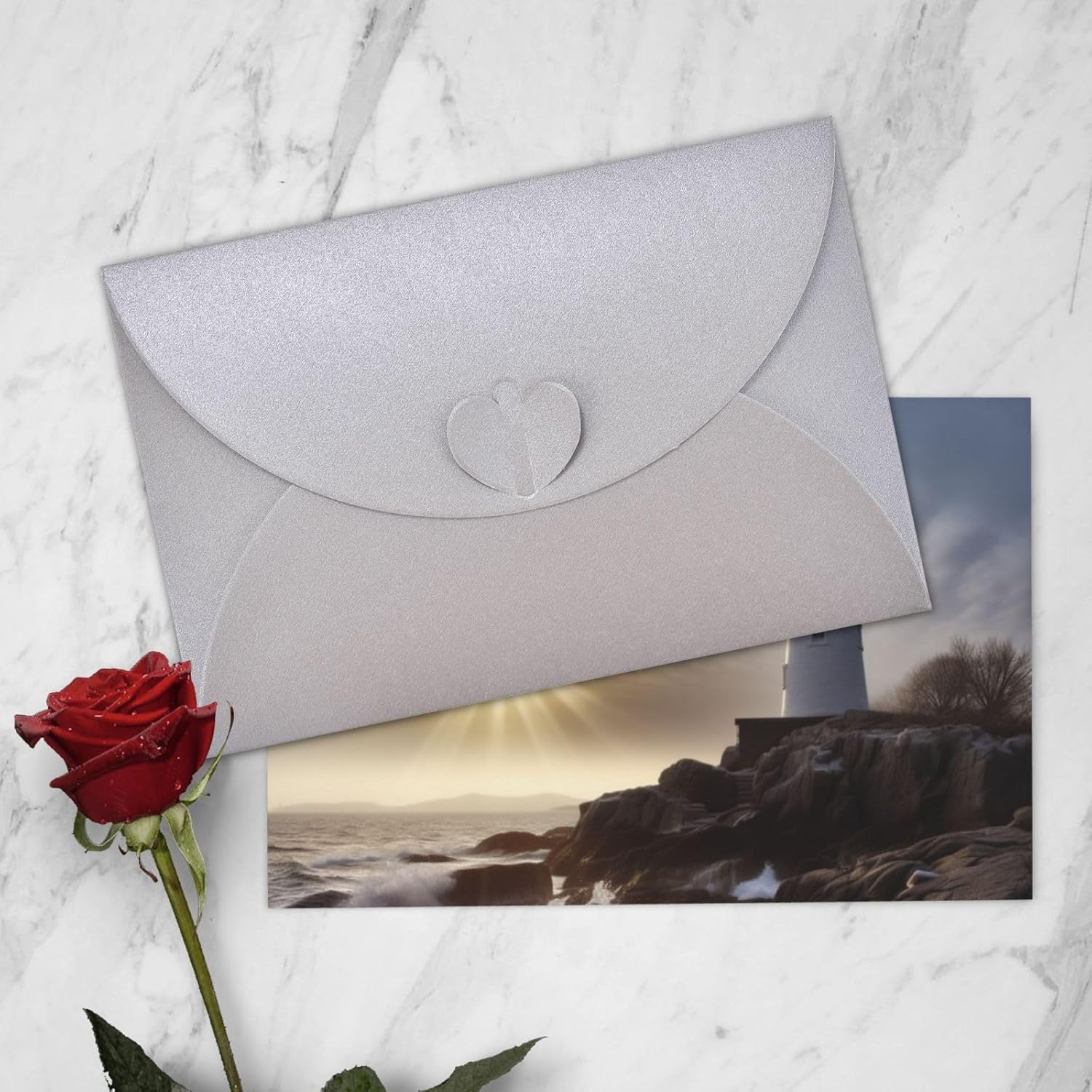 Lighthouse Rocks – Tarjetas de cumpleaños junto al mar con sobres, esta tarjeta de felicitación en blanco utiliza un paquete de sobre de botón de