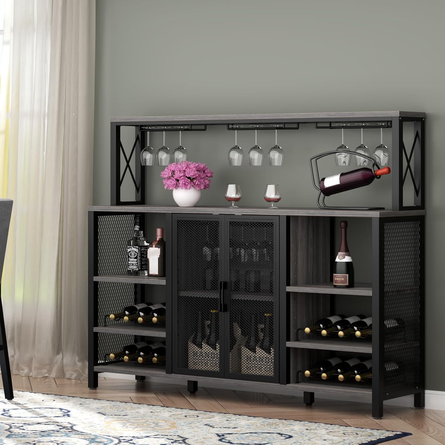 Gabinete de bar de vino, gabinete de barra de café industrial de 55 pulgadas con estante para vino y soporte para vasos, aparador de cocina con