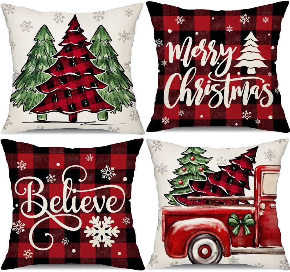 DFXSZ Juego de 4 fundas de almohada de Navidad de 18 x 18 pulgadas, diseño de árbol de Navidad, camión a cuadros negros y rojos, decoración de