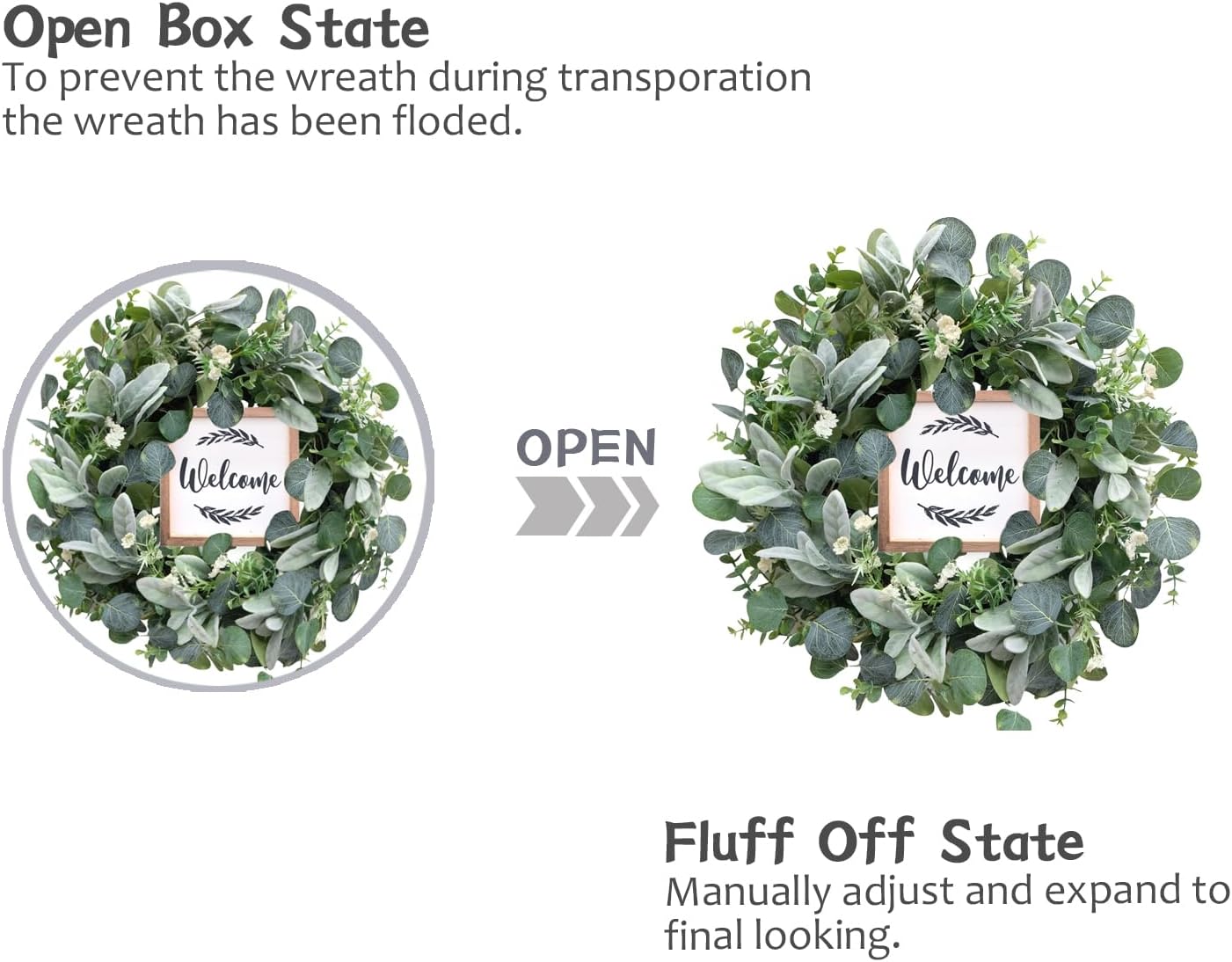 Bibelot Corona de eucalipto artificial verde para puerta delantera, corona de primavera y verano de 18 pulgadas con letrero de bienvenida para