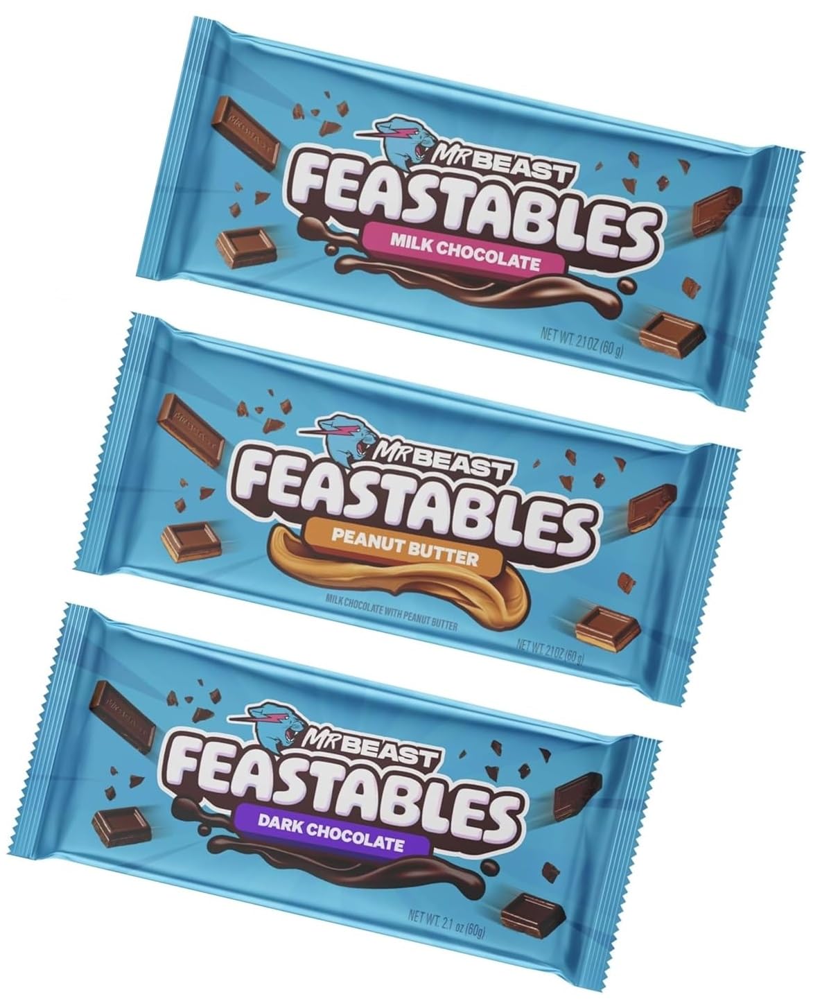 Festeables Mr Beast – Barras de chocolate, mantequilla de maní, chocolate negro y chocolate con leche (paquete de 3) FANTASTY MALL