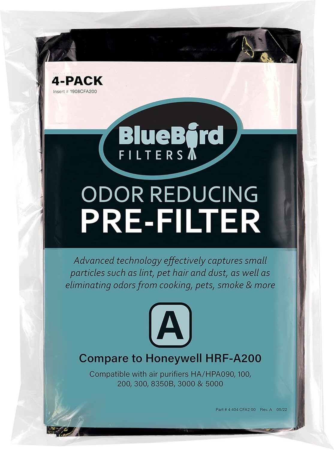 BlueBird Filters Kit de prefiltro de carbono HRF-A200, paquete de 4, compatible con los modelos Honeywell HPA200, HPA201, HPA202, HPA204, HPA250