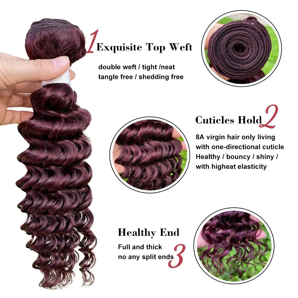 REMY HAIR – Extensiones de cabello humano virgen brasileño de 18 pulgadas, color rojo con ondas profundas, color #99j borgoña #99j, extensiones de