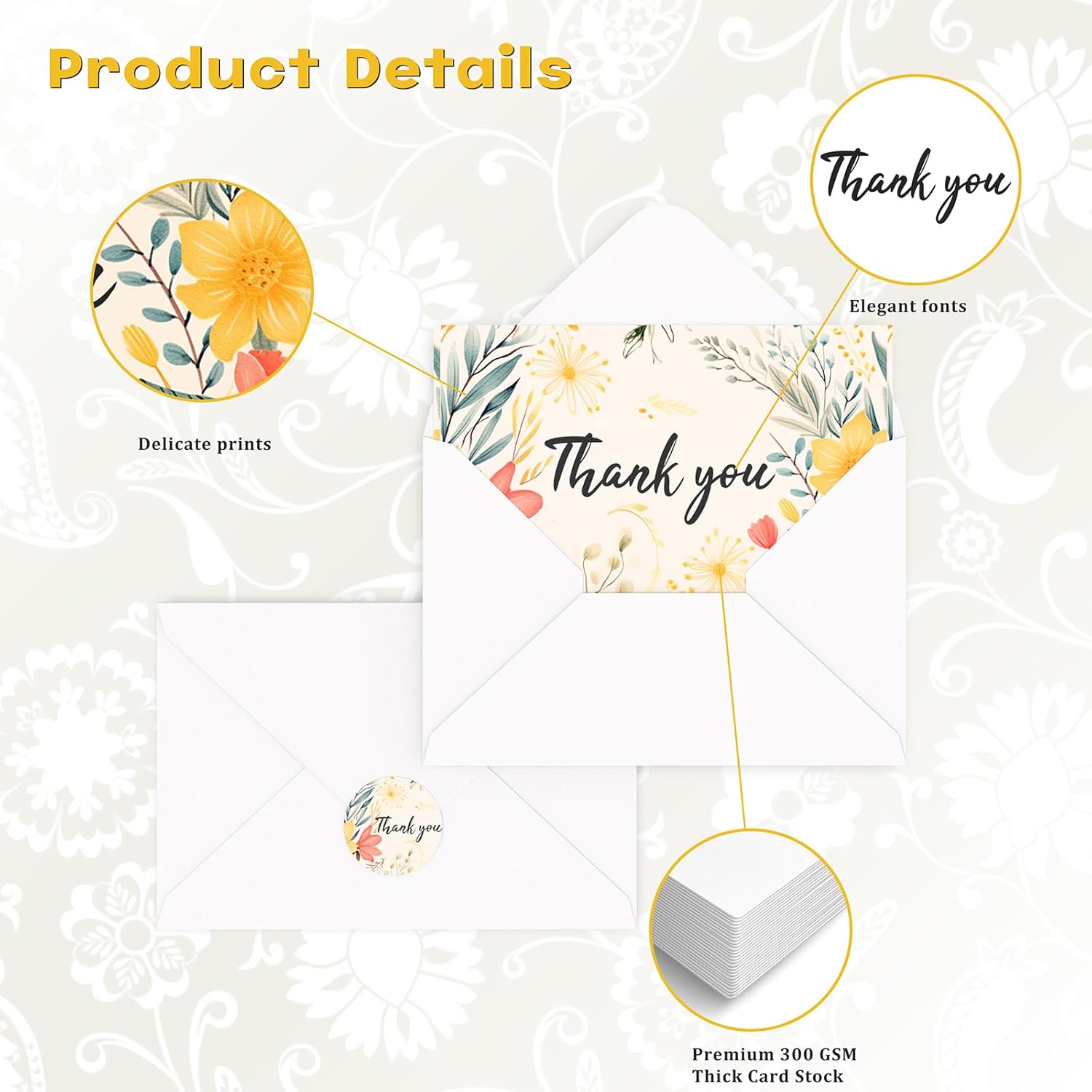HISDEAR Tarjetas de agradecimiento con sobres y calcomanías, 100 piezas de diseño floral pintado para bodas, baby shower, negocios, despedidas de