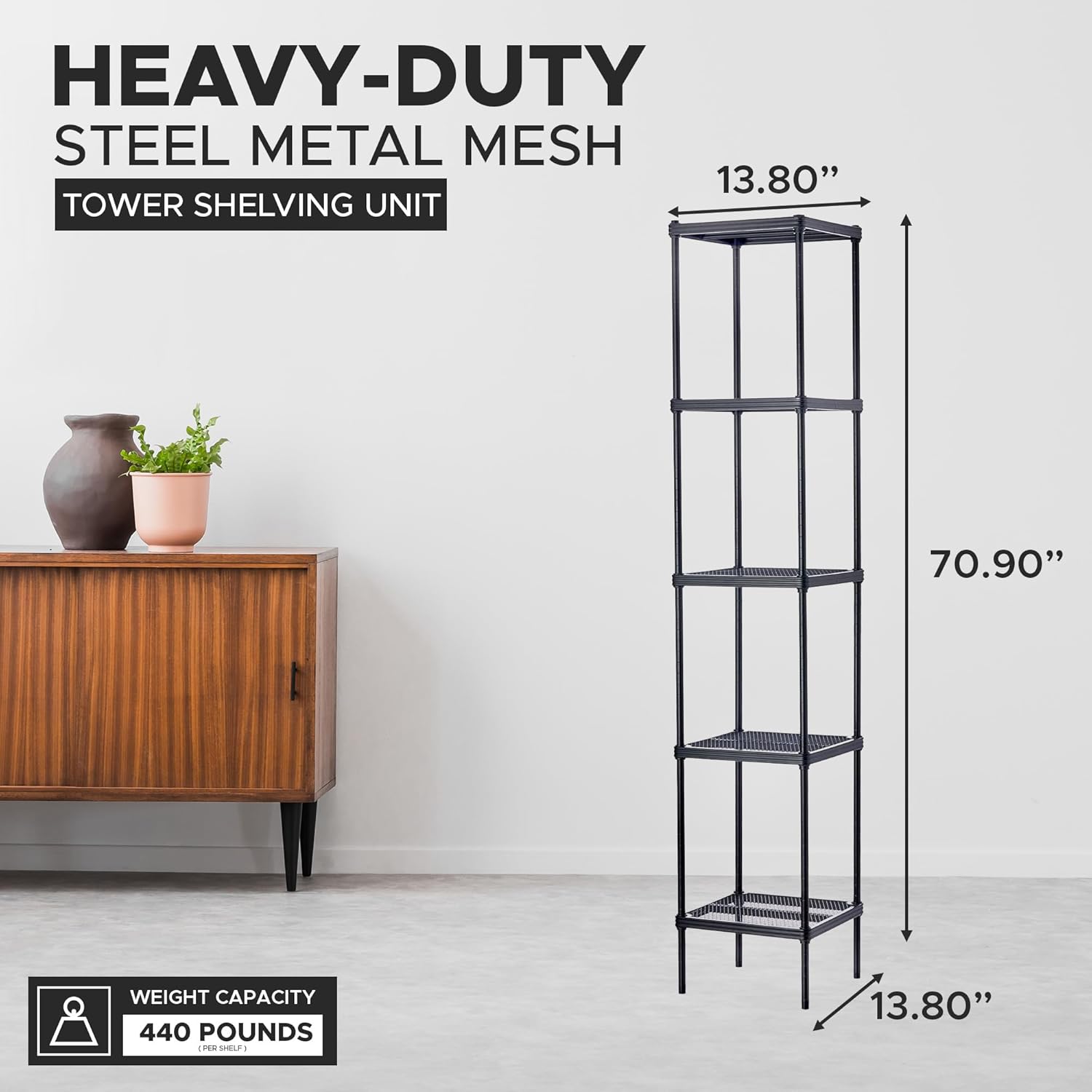 Design Ideas MeshWorks – Estantería de almacenamiento de metal de 5 niveles de tamaño completo para cocina, oficina u organización de garaje, 13.8 x