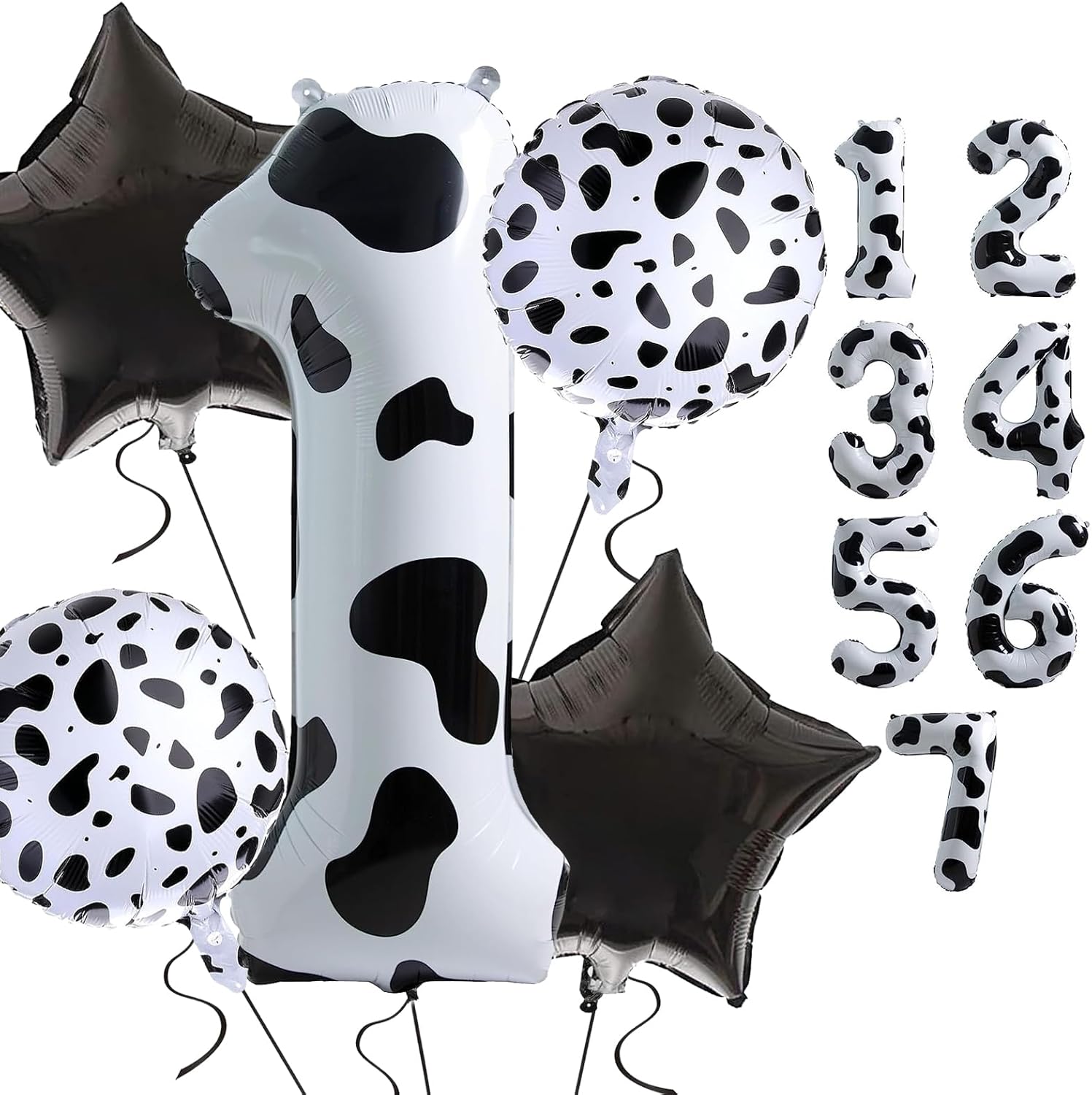 5 globos con estampado de vaca, globos de número de 40 pulgadas, 2 globos con estampado de vaca blanca, globos temáticos de vaquera occidental para