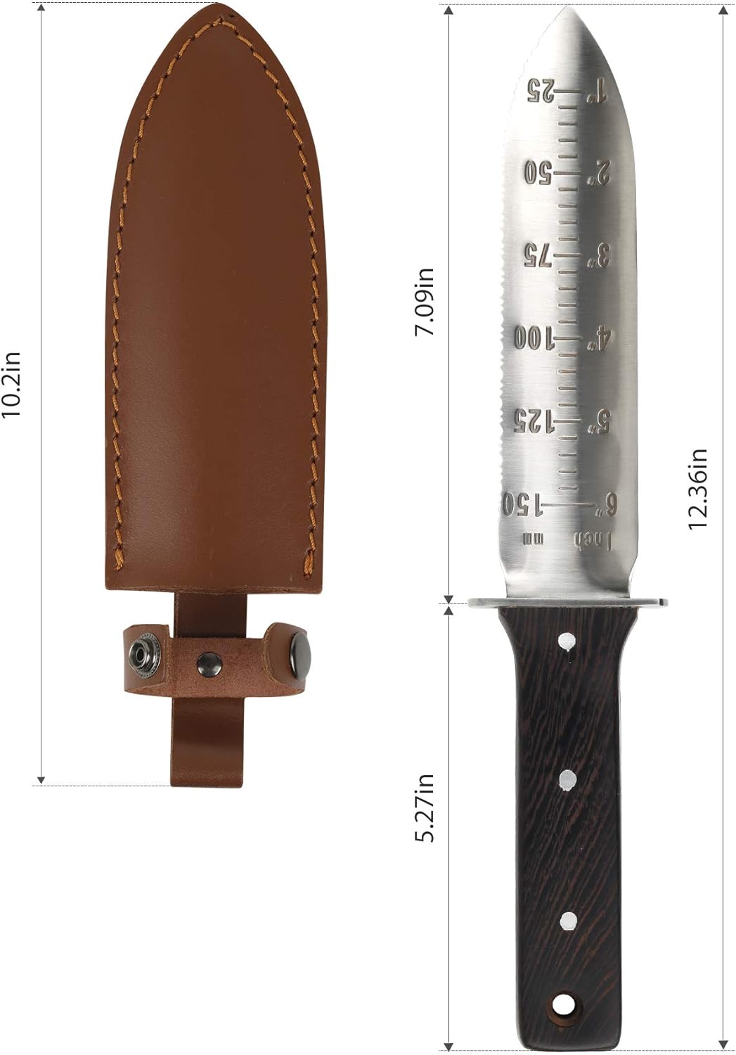 GARTOL Hori Hori – Cuchillo de jardín con funda de cuero, hoja de acero inoxidable de 7 pulgadas, mango de madera de espiga completa, herramientas