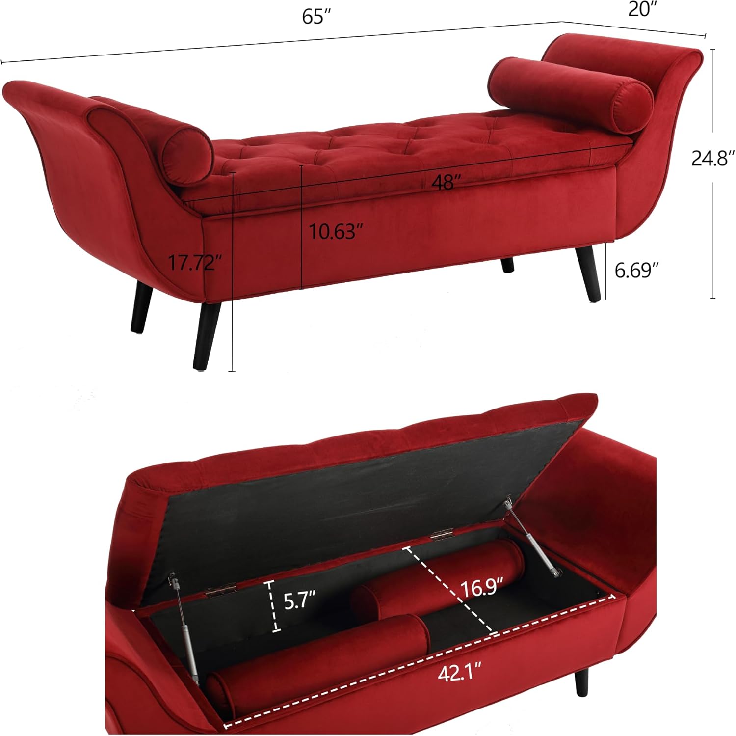 Banco de almacenamiento de terciopelo para dormitorio, color rojo, tapizado con botones, otomano, reposapiés, brazo enrollado, patas de madera maciza